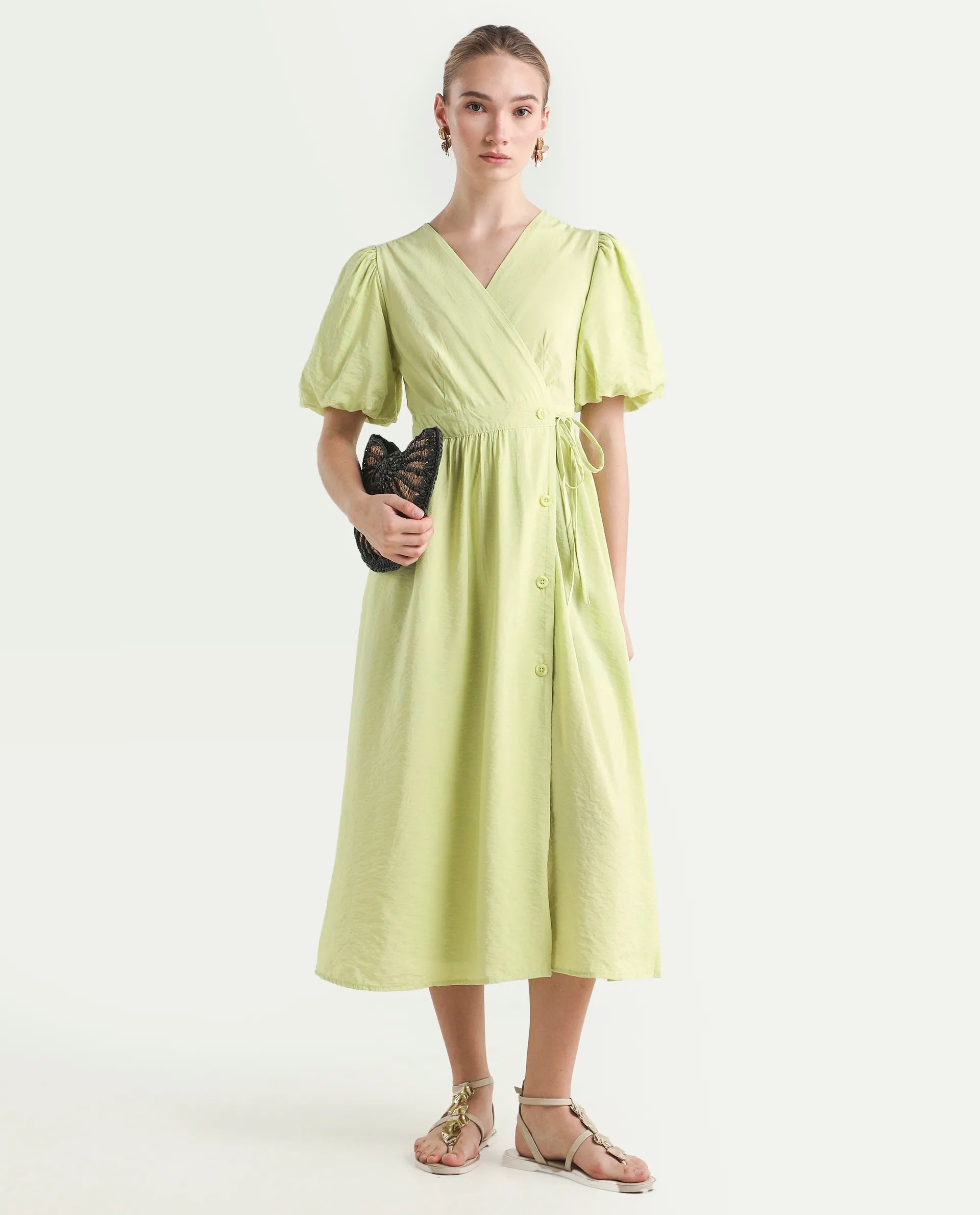 Rareism Women's Stewart Light Green Nylon Blend Overlap Neck Plain Balloon Sleeve Maxi Fit And Flare Dress