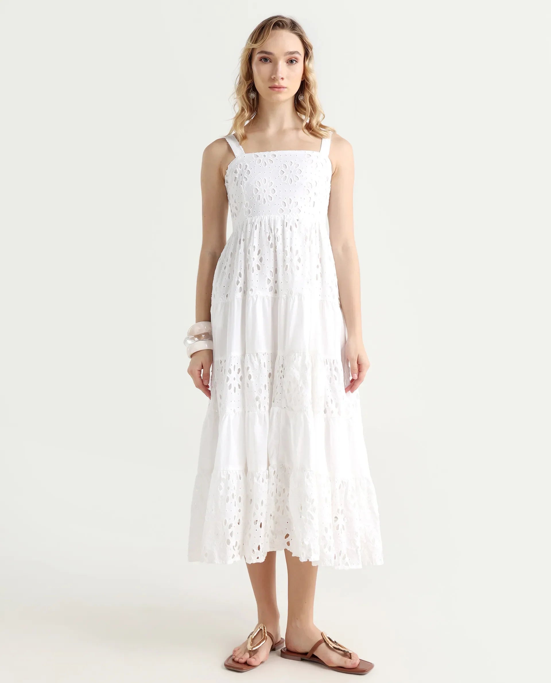 Rareism Women's Stiletus White Cotton Shoulder Strap Plain Shoulder Strap Maxi Fit And Flare Dress