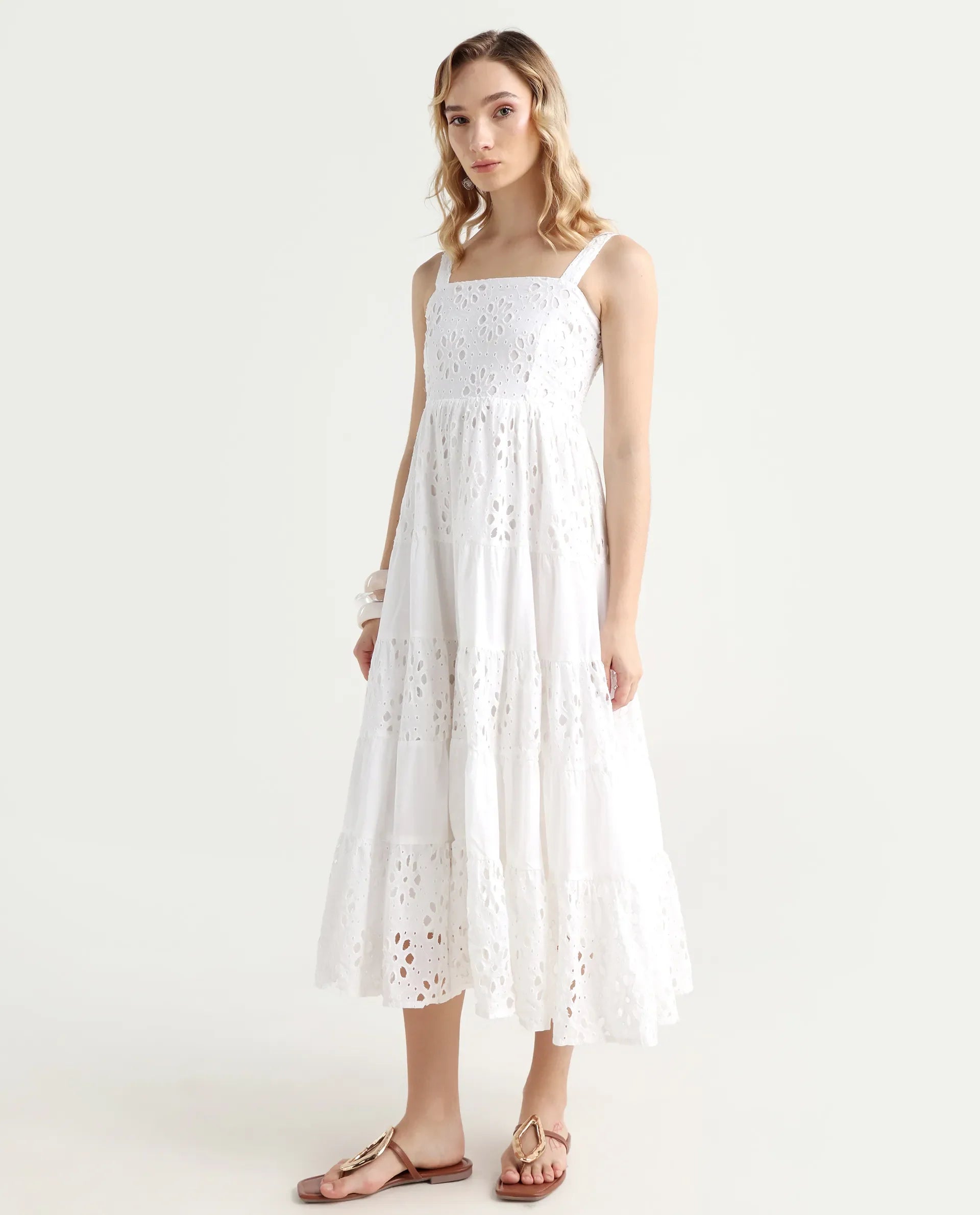 Rareism Women's Stiletus White Cotton Shoulder Strap Plain Shoulder Strap Maxi Fit And Flare Dress