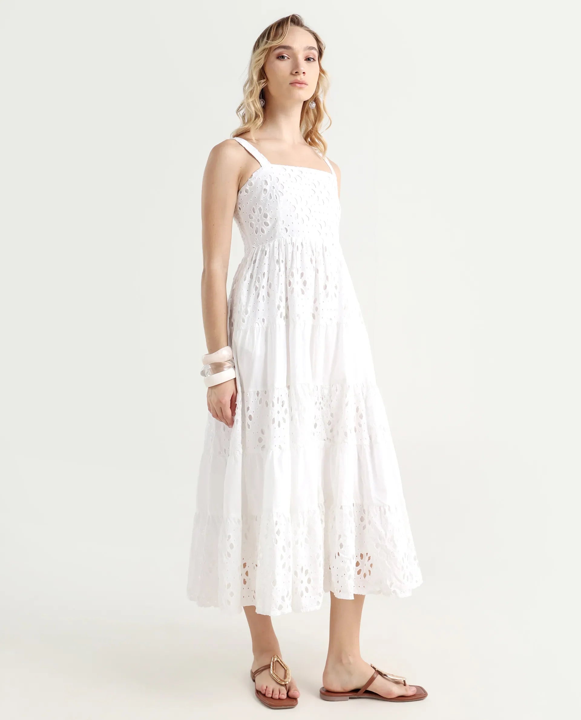 Rareism Women's Stiletus White Cotton Shoulder Strap Plain Shoulder Strap Maxi Fit And Flare Dress