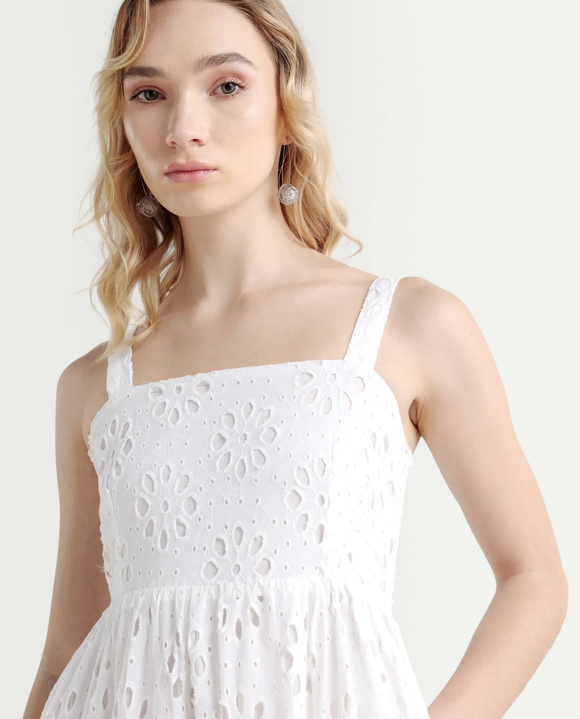 Rareism Women's Stiletus White Cotton Shoulder Strap Plain Shoulder Strap Maxi Fit And Flare Dress