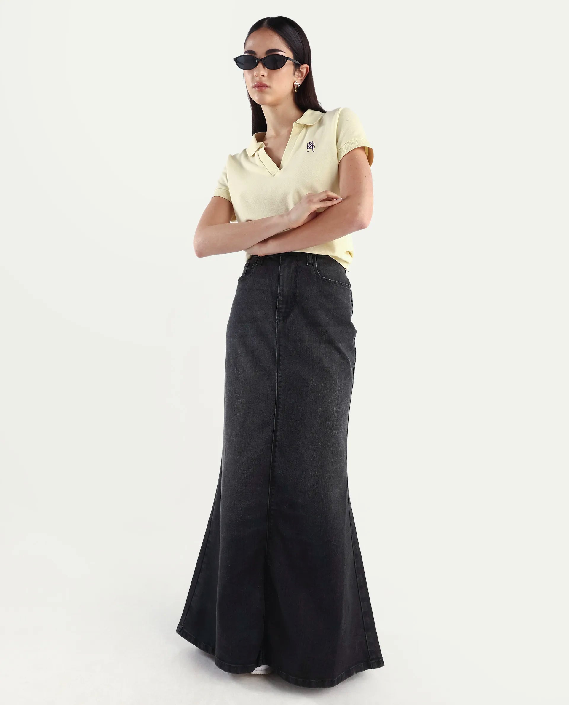 Rareism Women's Stinger Black Cotton Blend Plain Maxi Flared Skirt