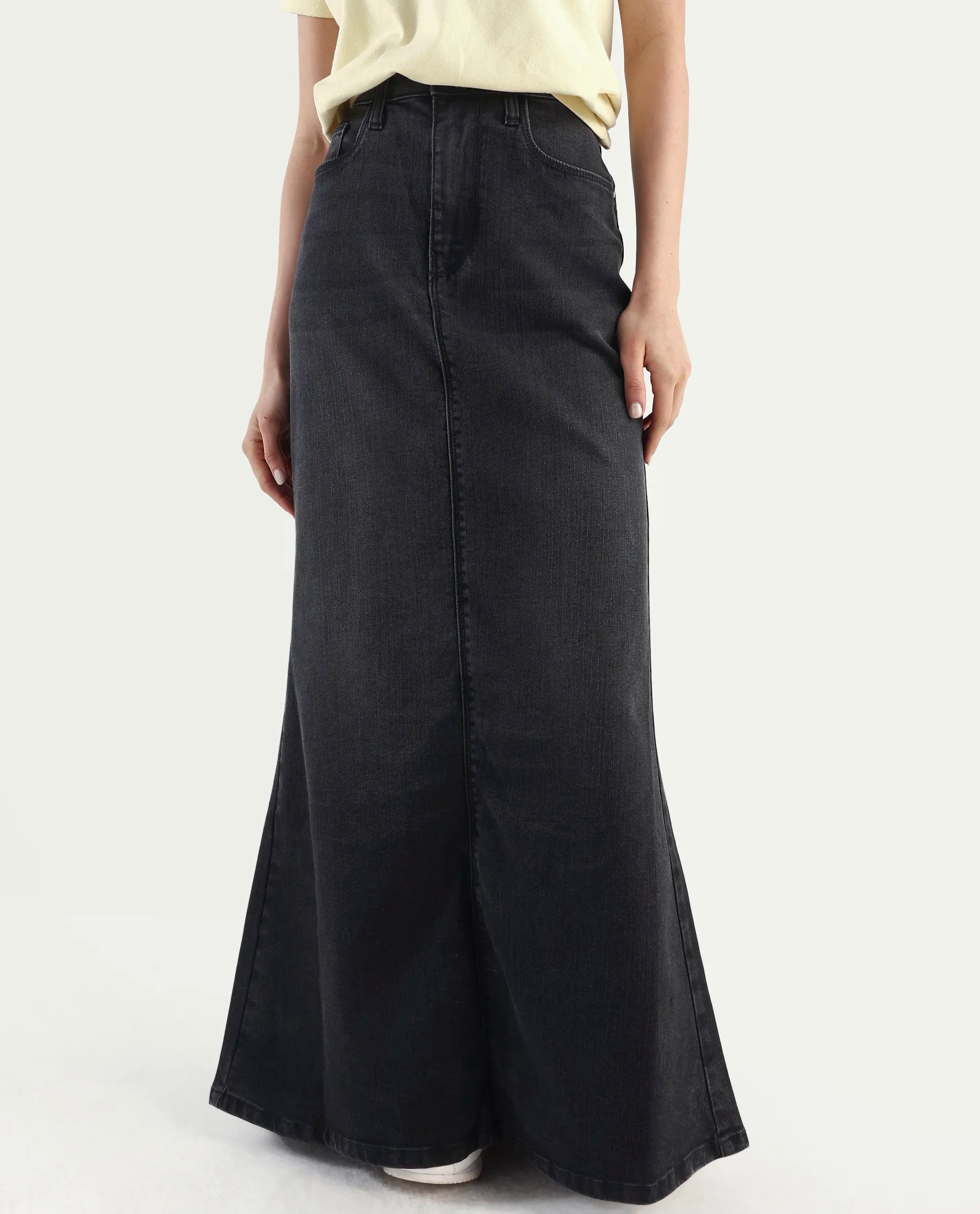 Rareism Women's Stinger Black Cotton Blend Plain Maxi Flared Skirt