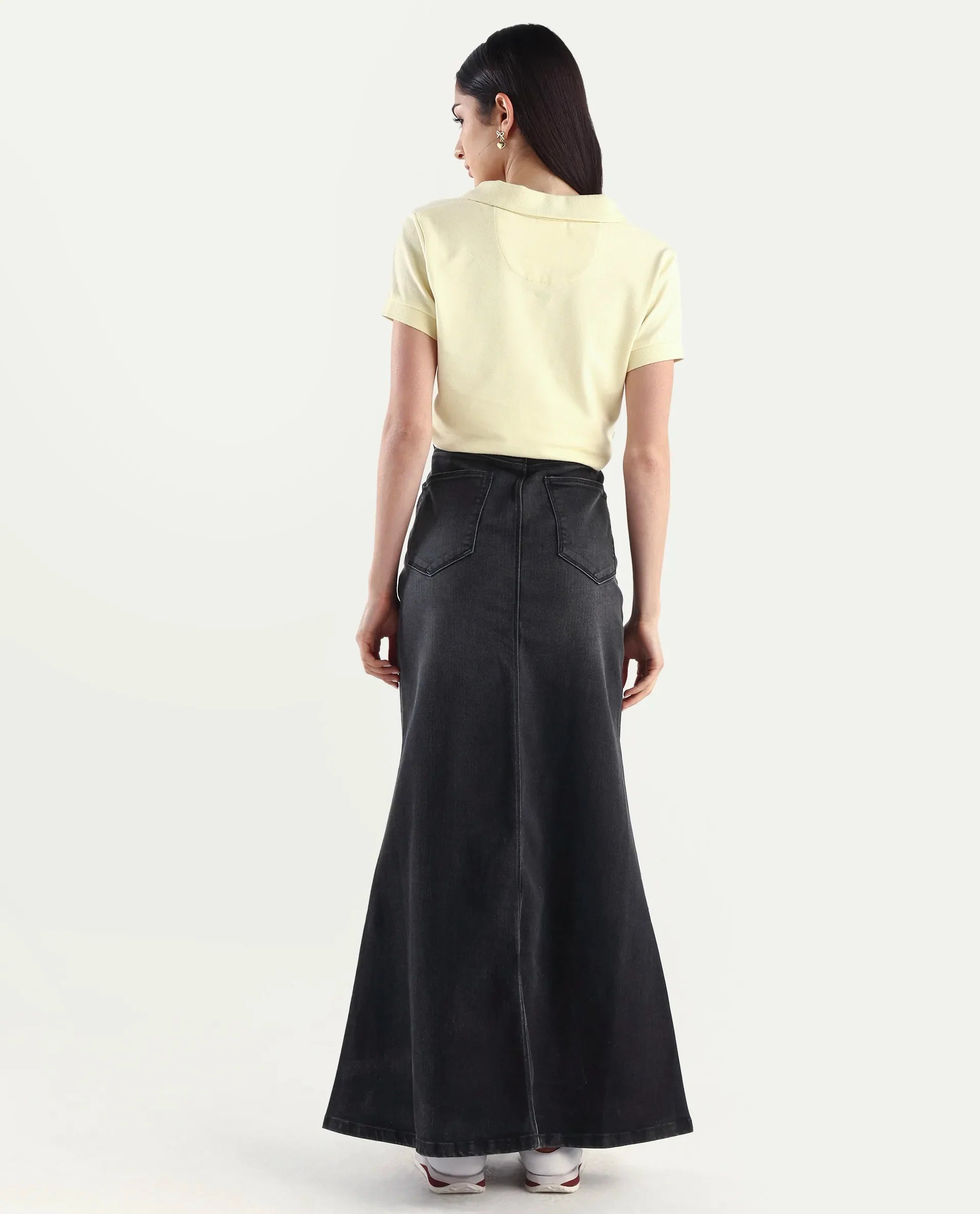 Rareism Women's Stinger Black Cotton Blend Plain Maxi Flared Skirt