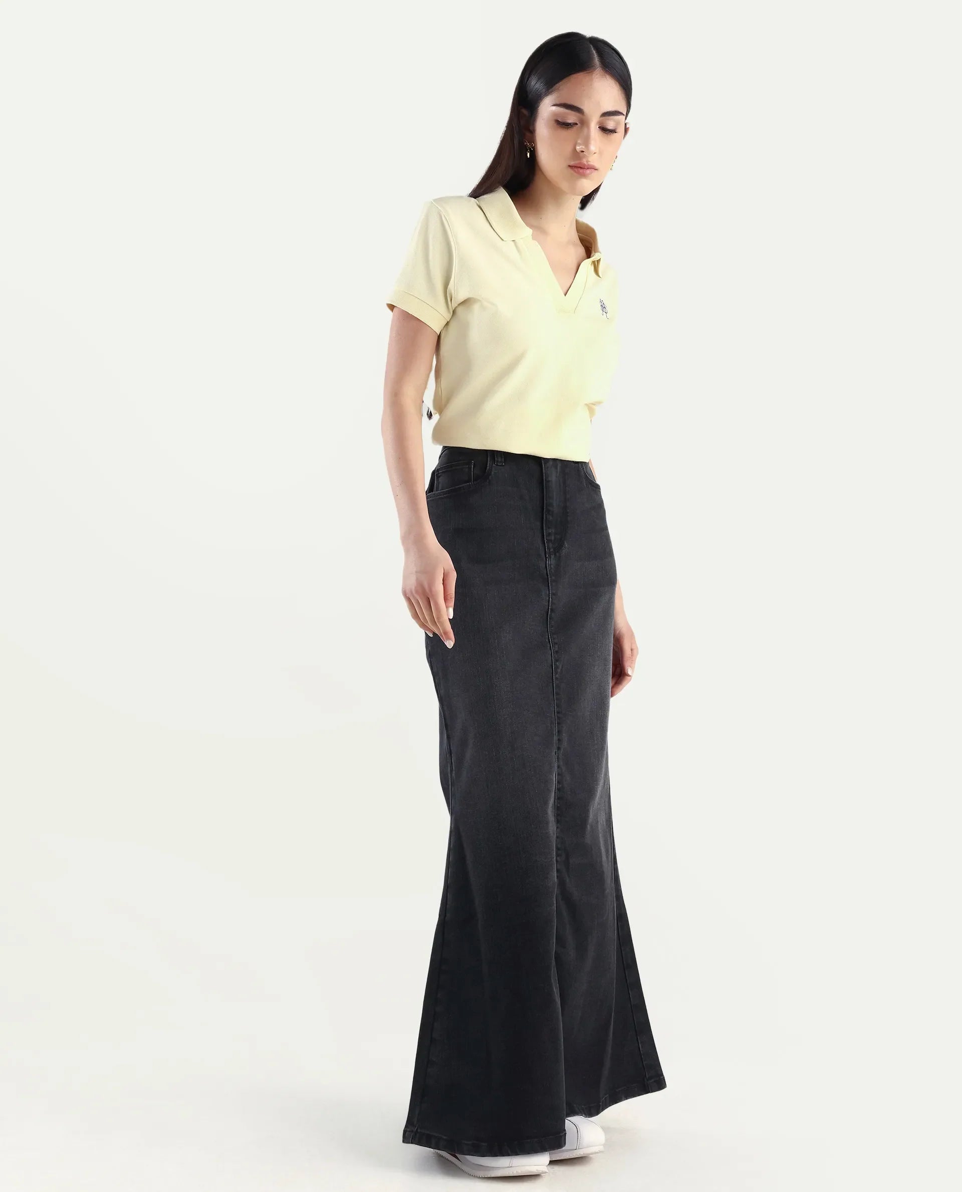 Rareism Women's Stinger Black Cotton Blend Plain Maxi Flared Skirt