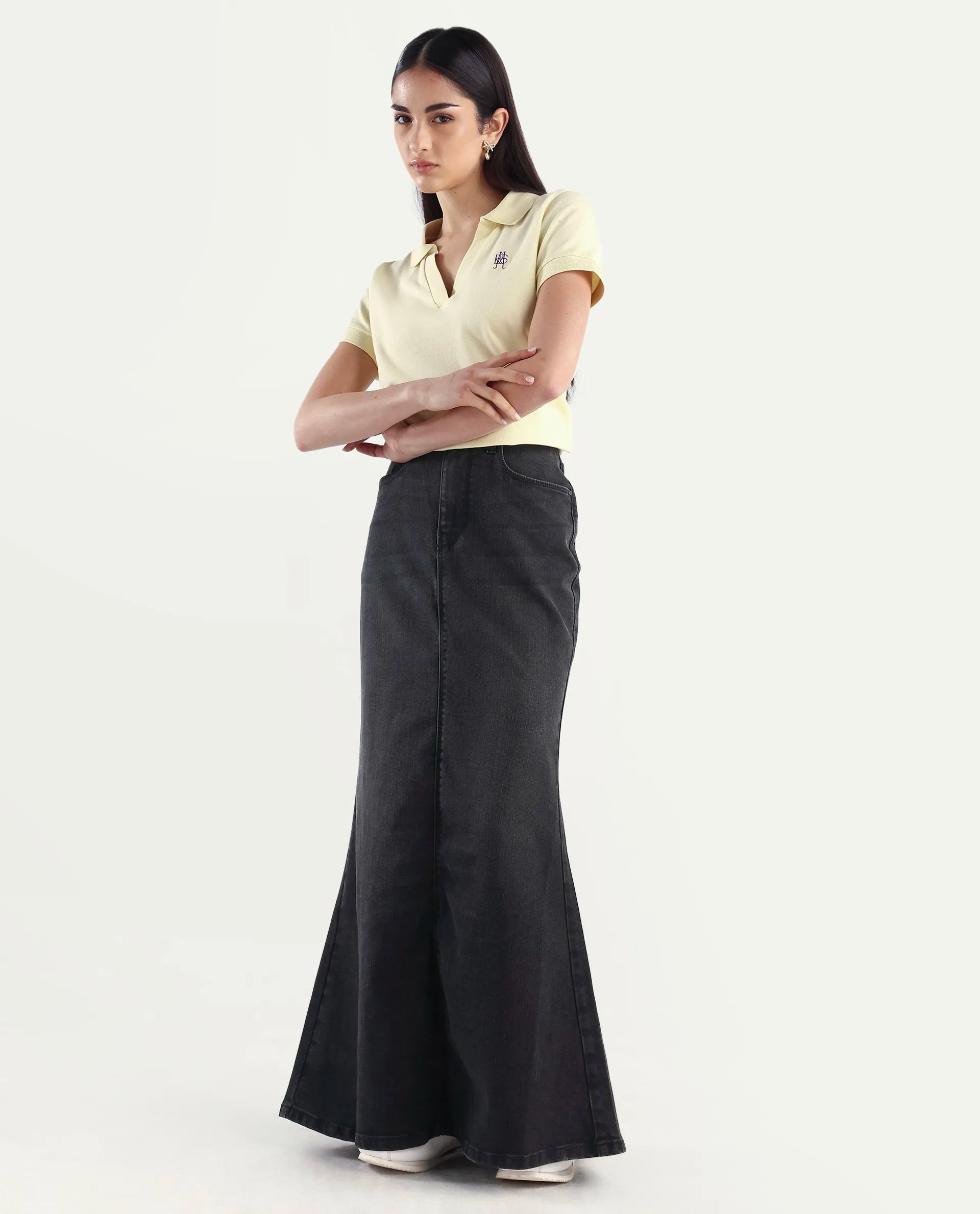 Rareism Women's Stinger Black Cotton Blend Plain Maxi Flared Skirt