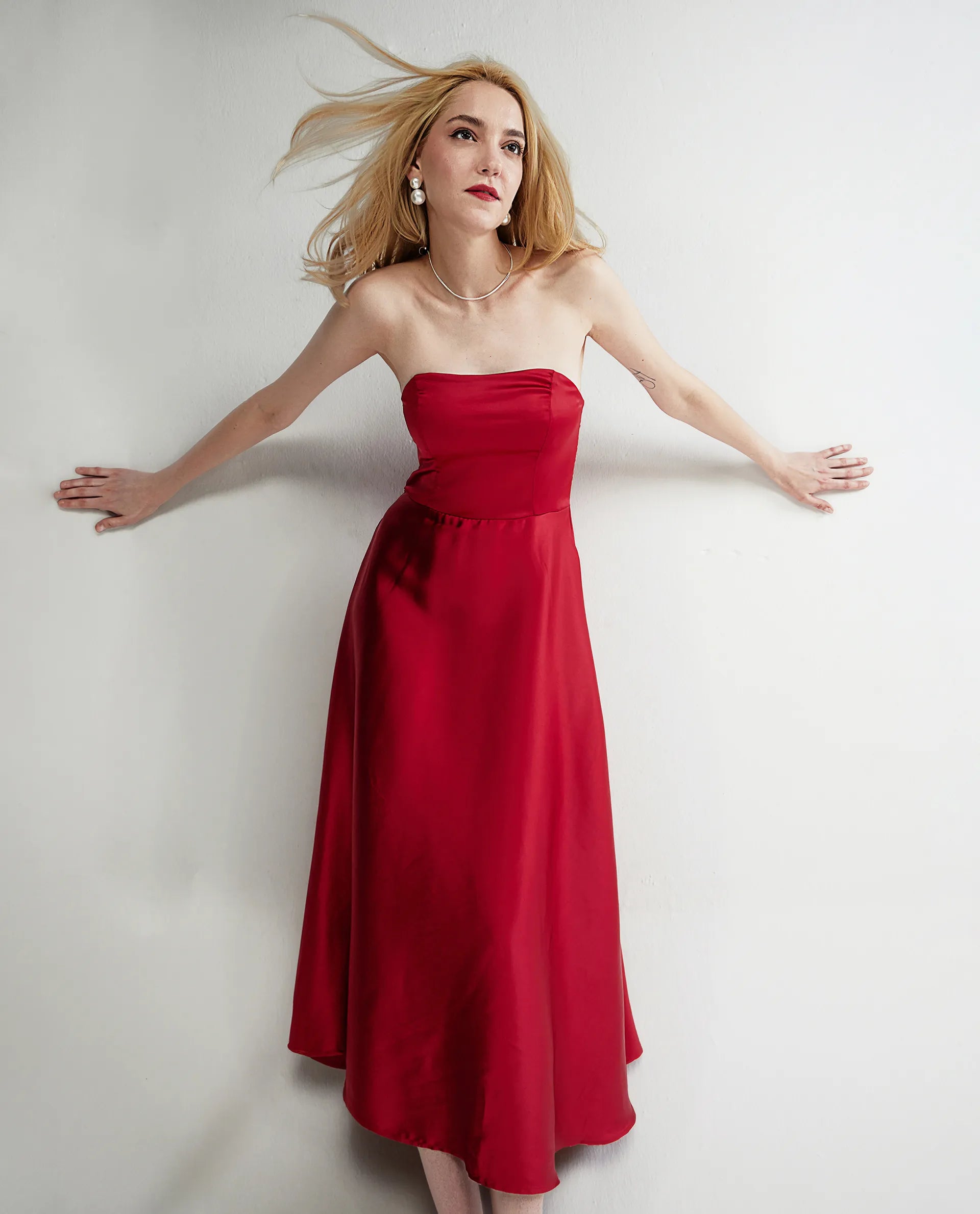 Rareism Women's Somfar Red Polyester Sweetheart Neck Plain Sleeveless Midi Flared Dress