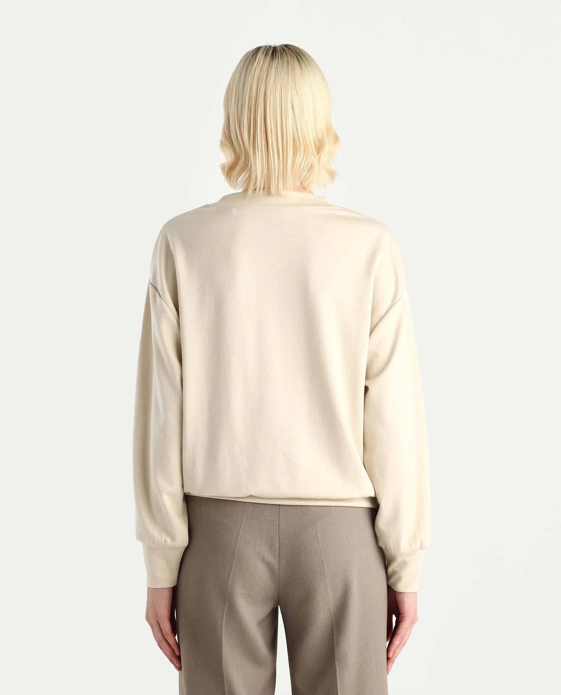 Rareism Women's Swer Light Beige Modal Blend Crew Neck Relaxed Fit Printed Sweatshirt