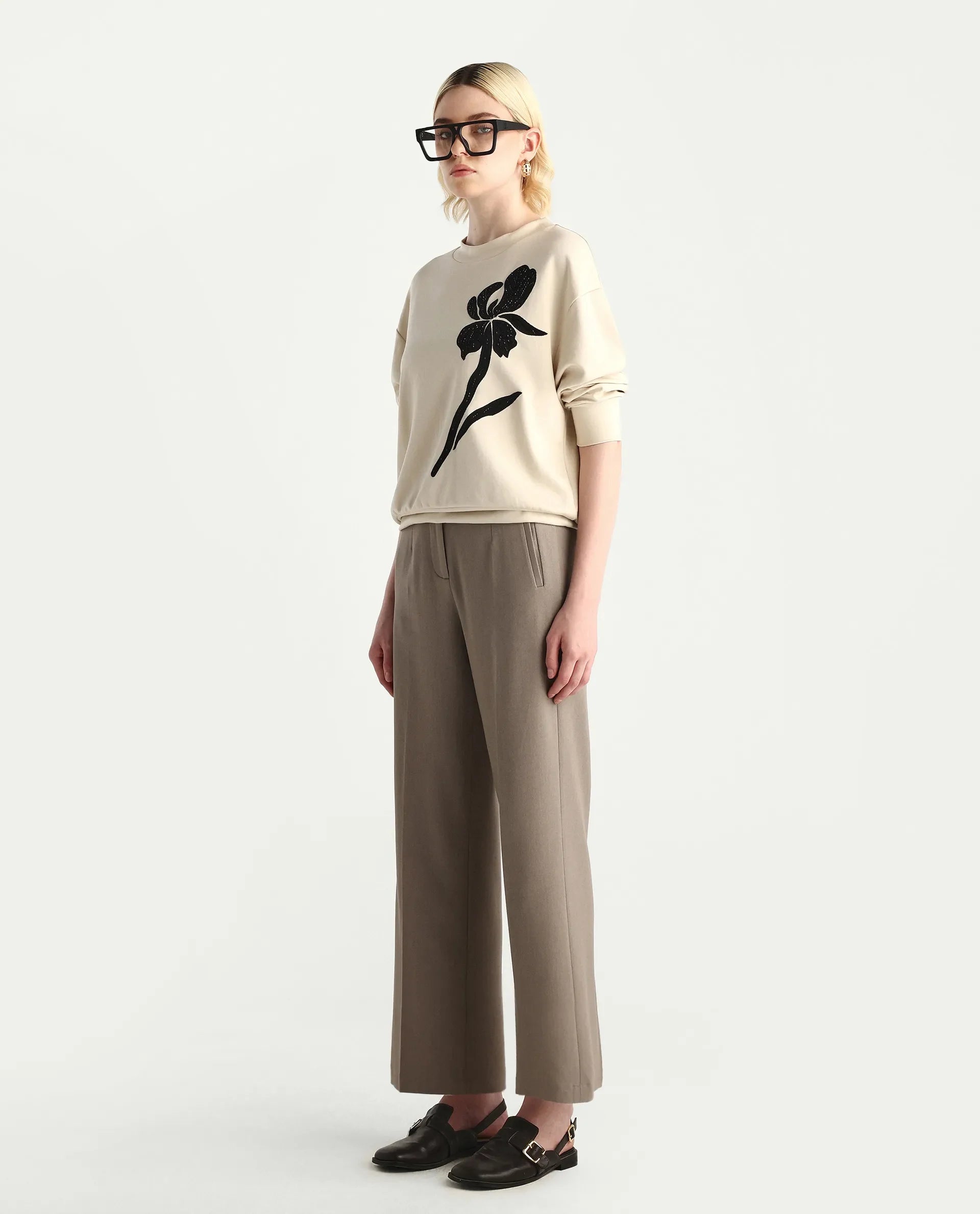 Rareism Women's Swer Light Beige Modal Blend Crew Neck Relaxed Fit Printed Sweatshirt