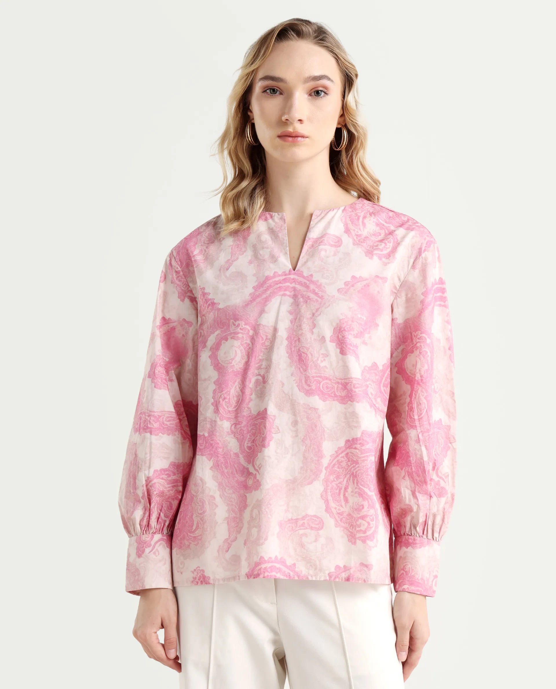 Rareism Women's Syrto Multi Cotton Crew Neck Paisley Print Cuffed Sleeve Regular Fit Top