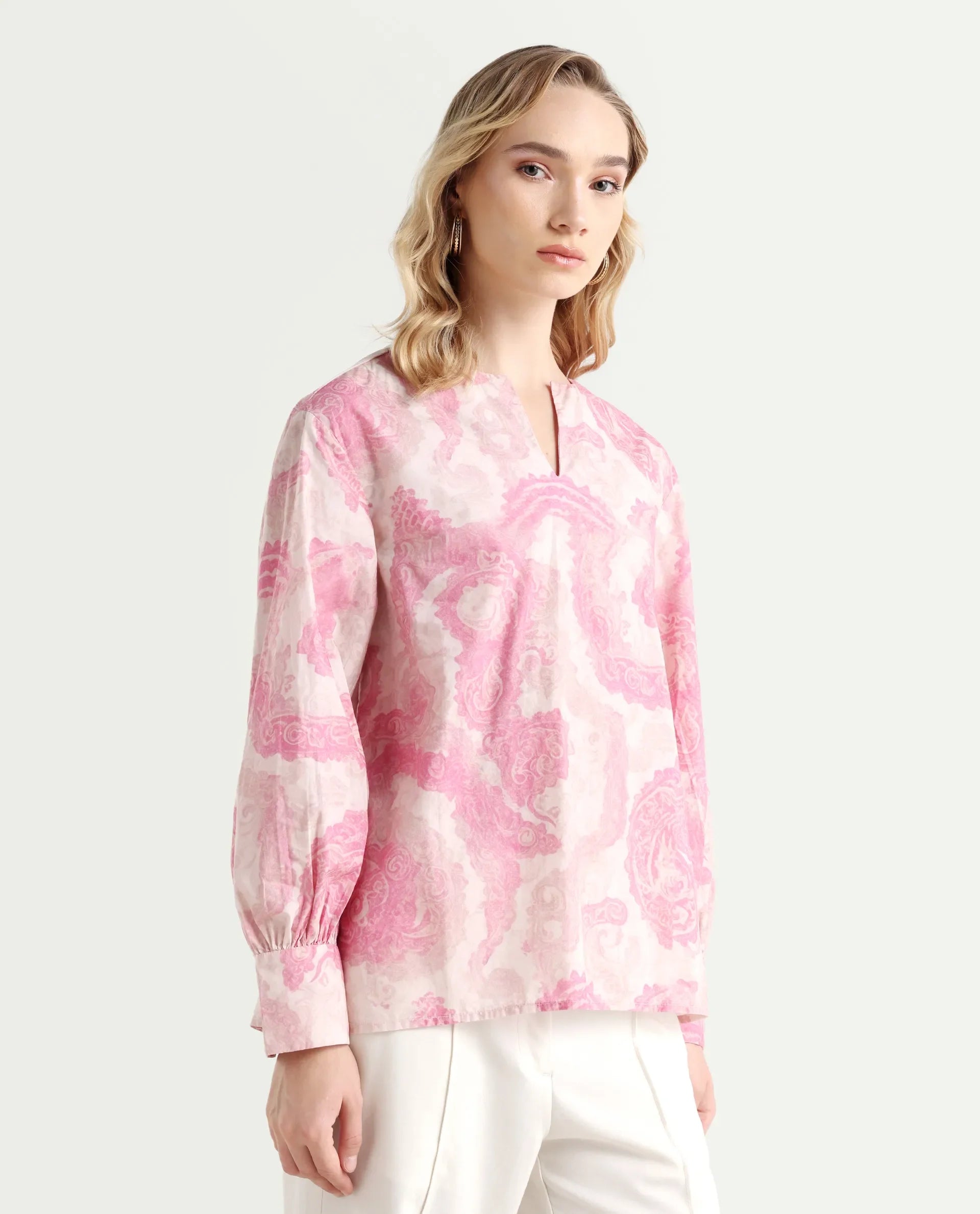 Rareism Women's Syrto Multi Cotton Crew Neck Paisley Print Cuffed Sleeve Regular Fit Top