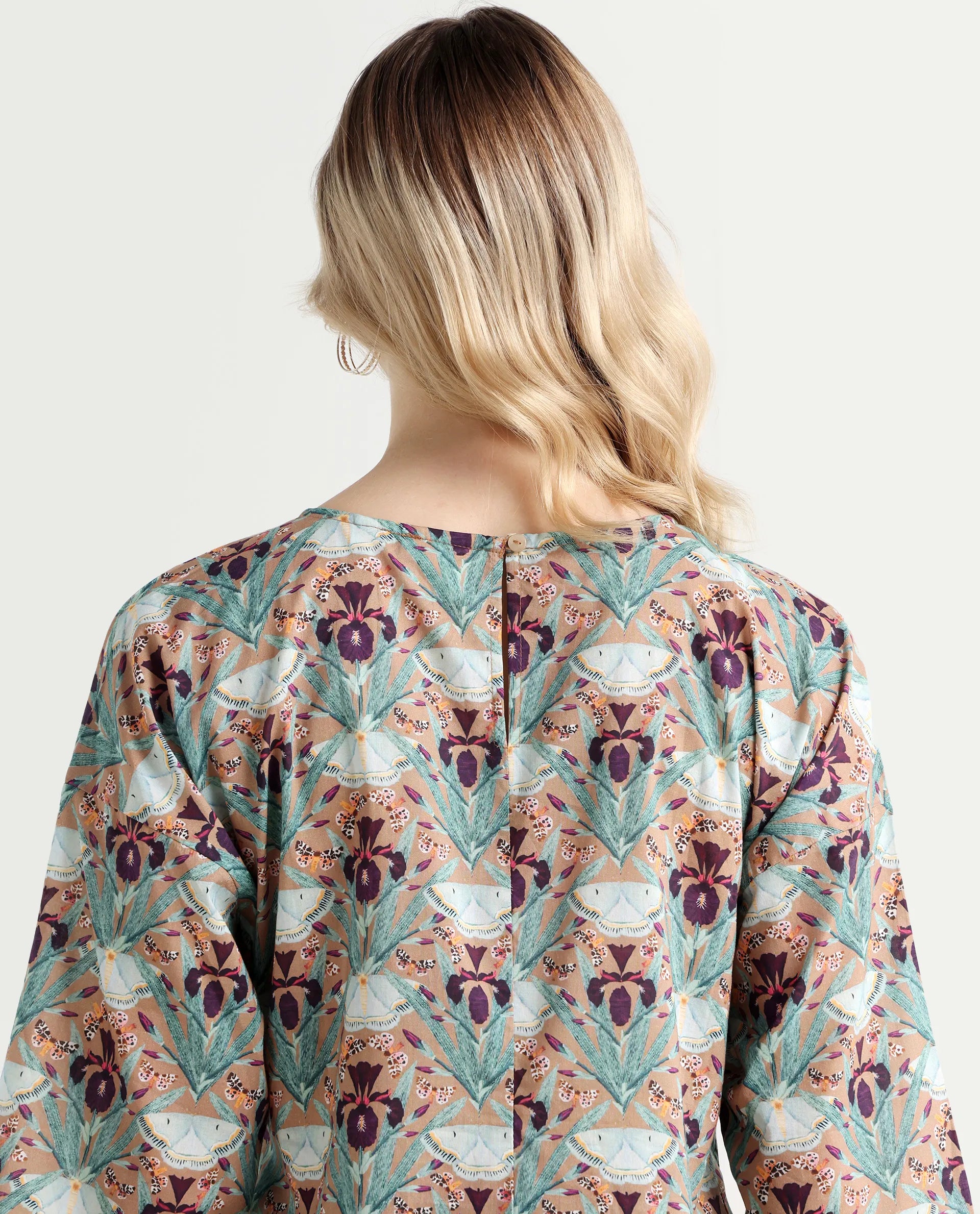 Rareism Women's Talisco Multi Cotton V-Neck Abstract Print Extended Sleeves Relaxed Fit Top