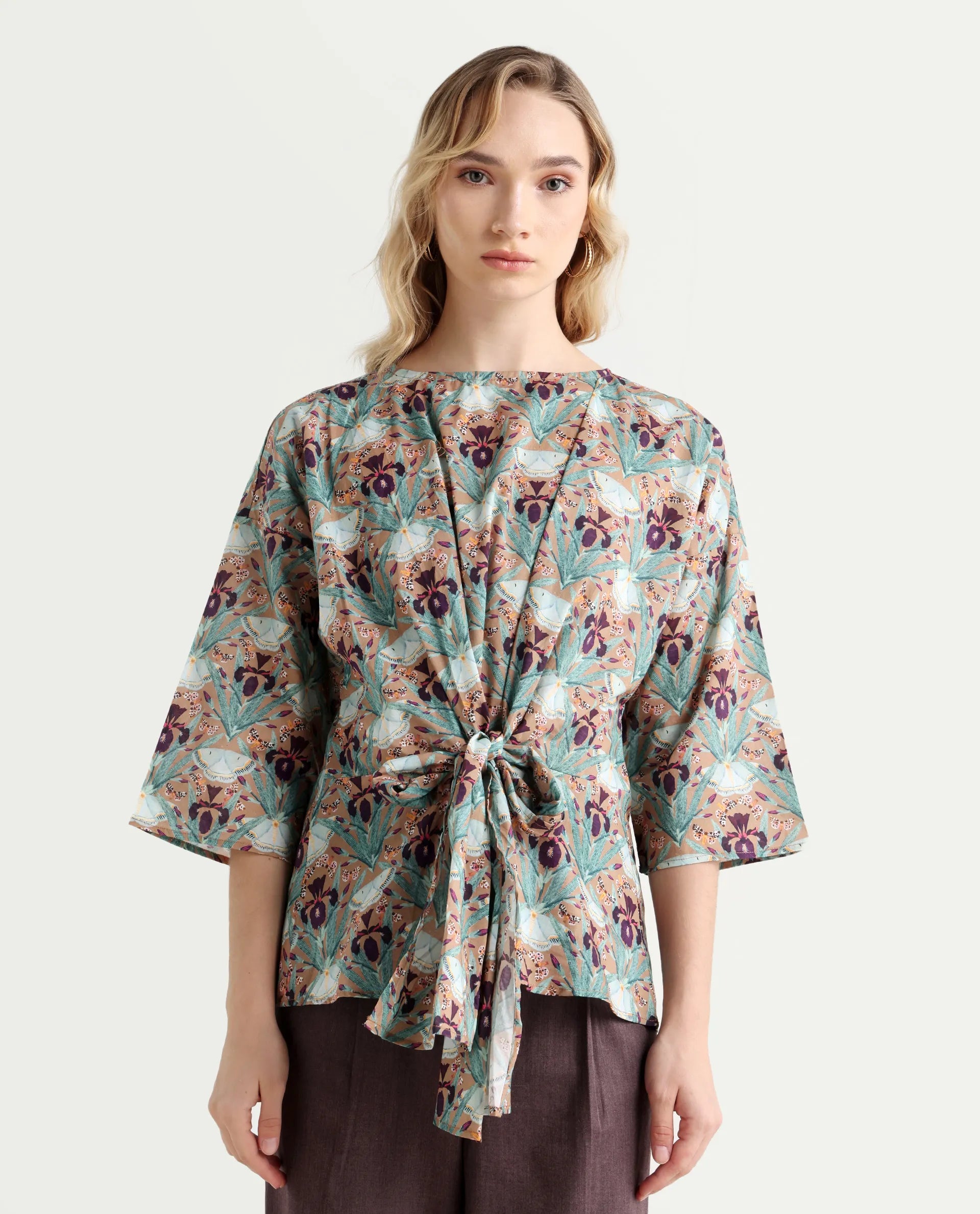Rareism Women's Talisco Multi Cotton V-Neck Abstract Print Extended Sleeves Relaxed Fit Top