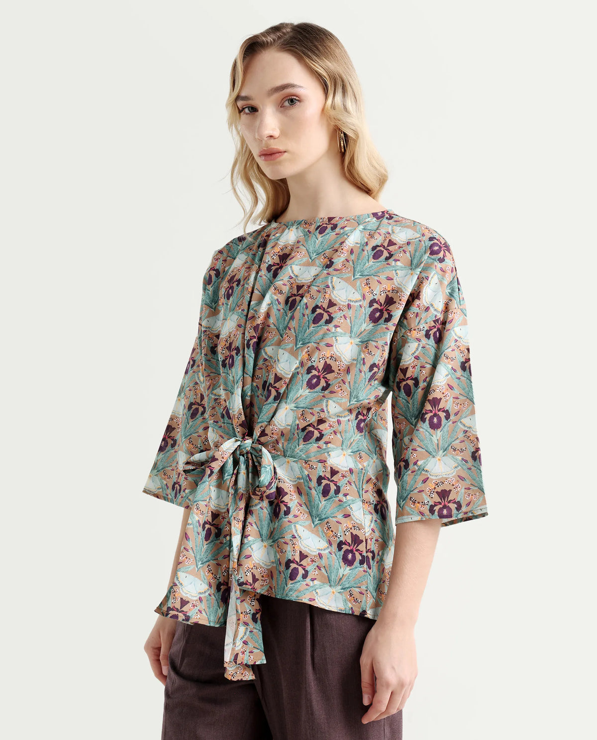 Rareism Women's Talisco Multi Cotton V-Neck Abstract Print Extended Sleeves Relaxed Fit Top