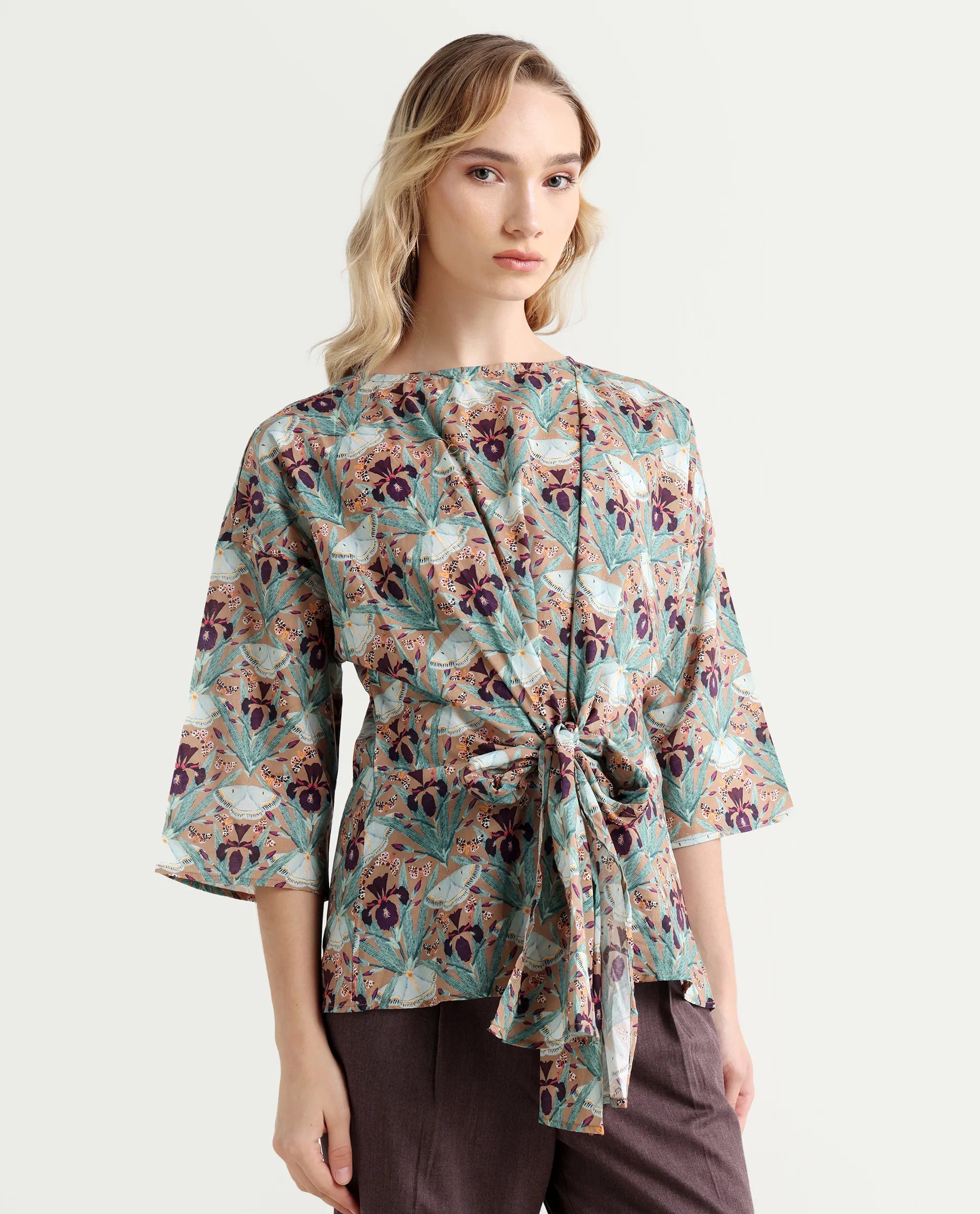 Rareism Women's Talisco Multi Cotton V-Neck Abstract Print Extended Sleeves Relaxed Fit Top