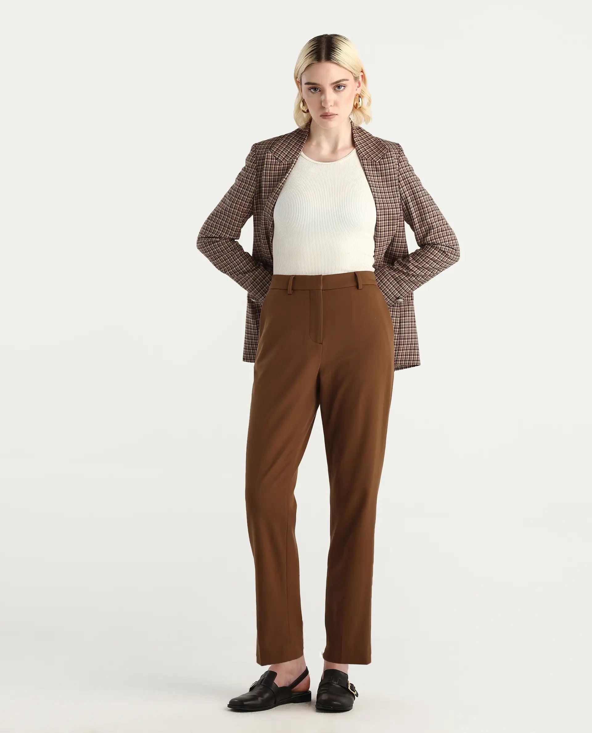 Rareism Women's Taper Light Brown Polyester Blend Tapered Ankle Length Plain Travel Trouser