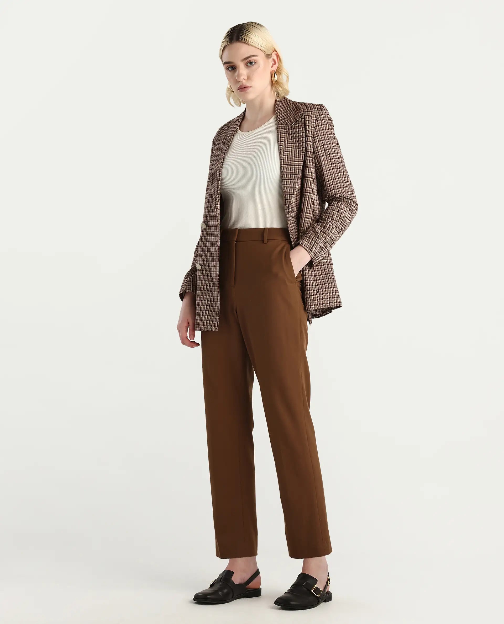 Rareism Women's Taper Light Brown Polyester Blend Tapered Ankle Length Plain Travel Trouser
