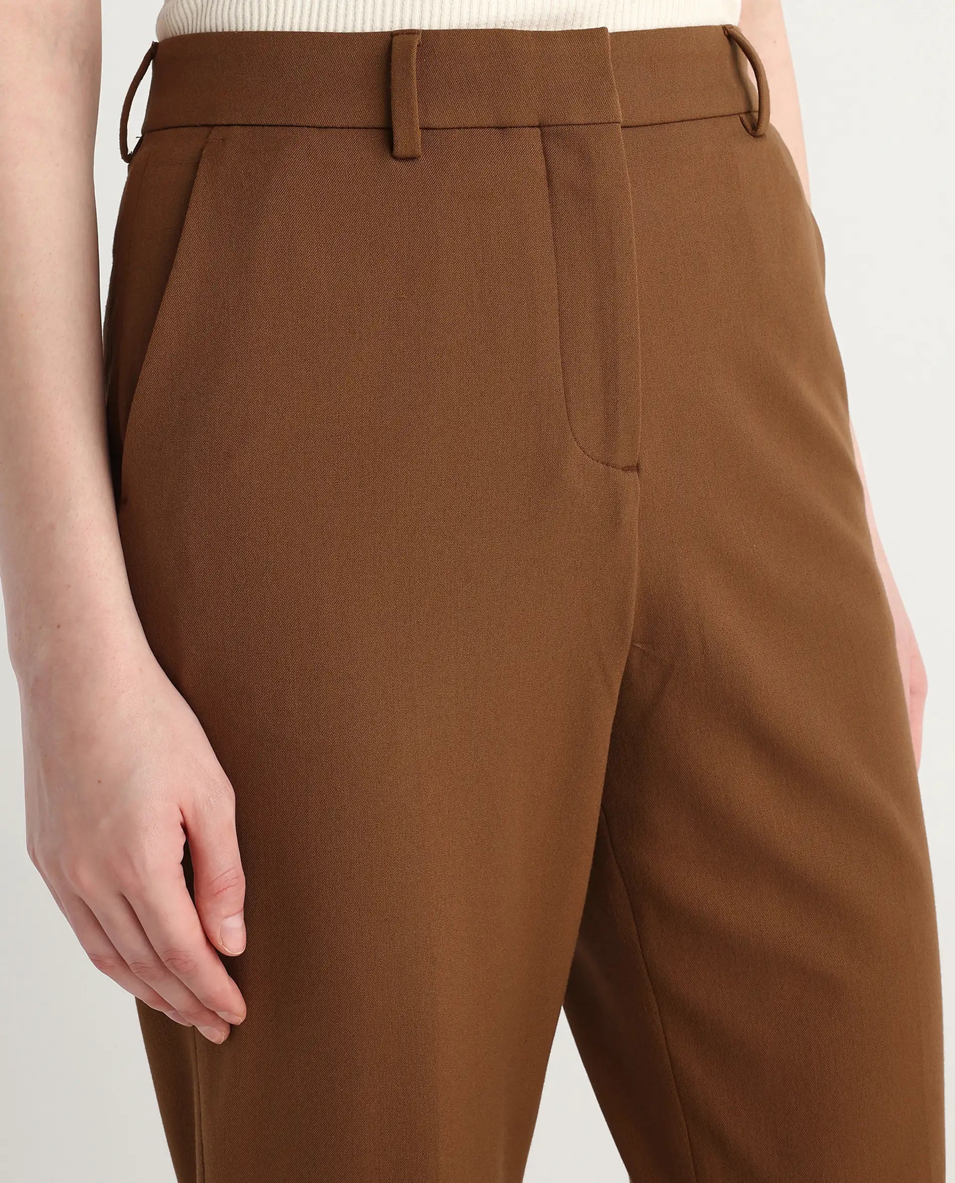 Rareism Women's Taper Light Brown Polyester Blend Tapered Ankle Length Plain Travel Trouser