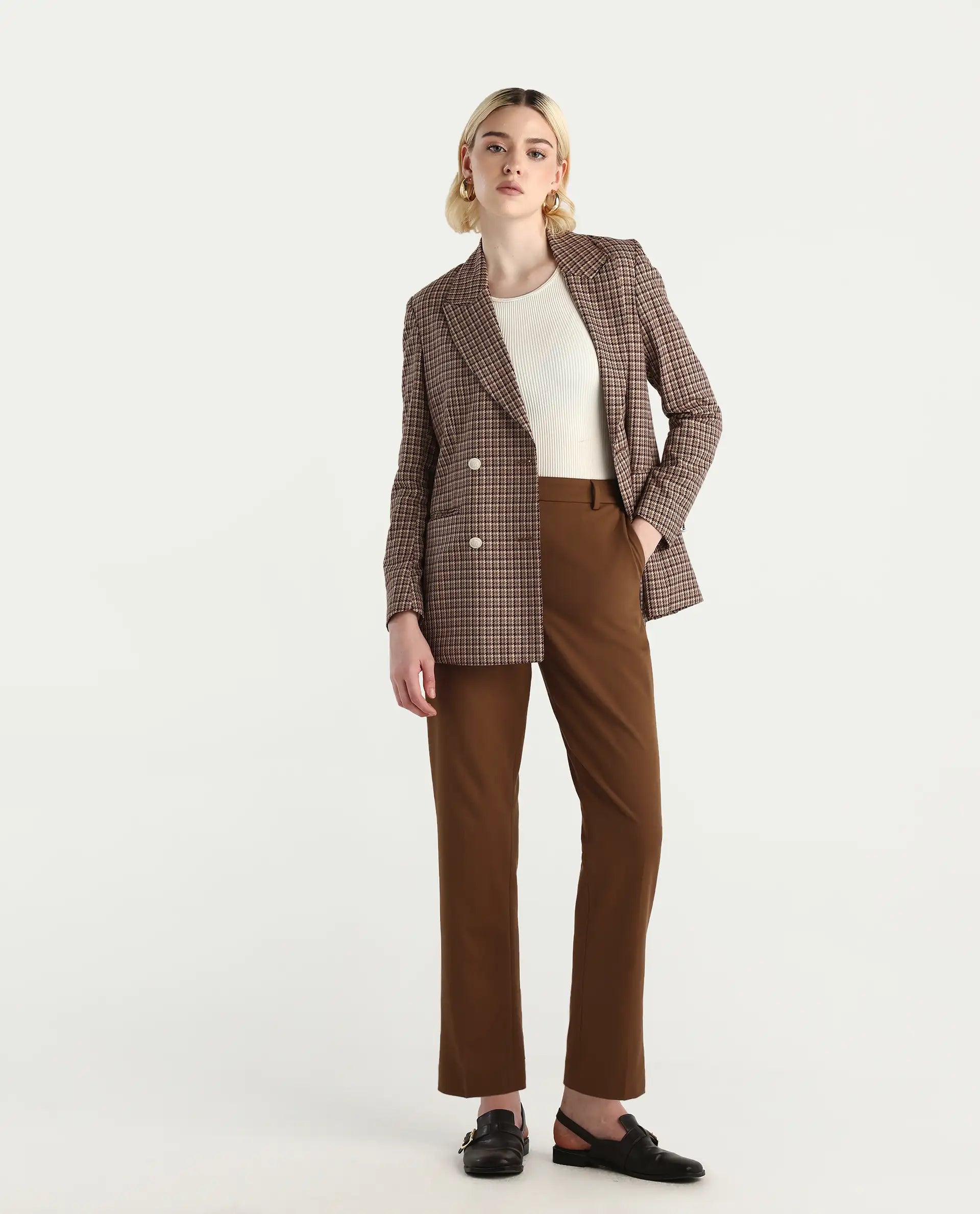 Rareism Women's Taper Light Brown Polyester Blend Tapered Ankle Length Plain Travel Trouser