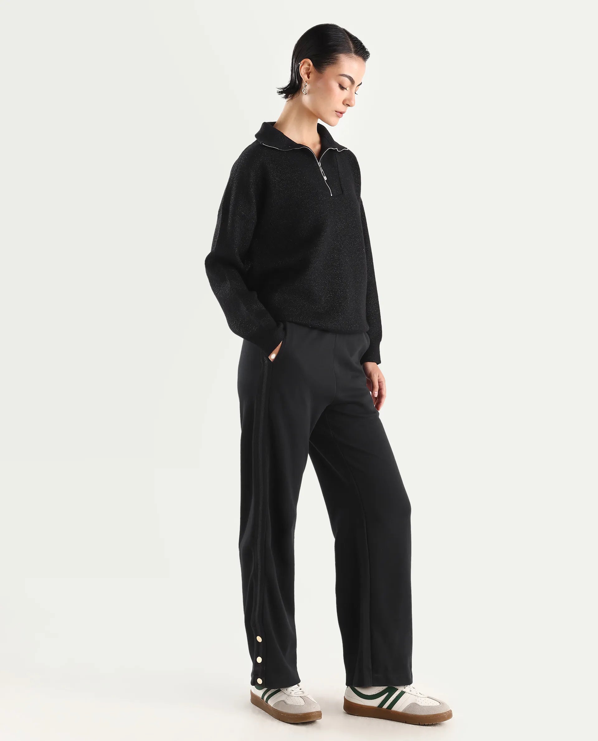 Rareism Women's Tappy Black Cotton Blend Plain Ankle Length Regular Fit Track Pant