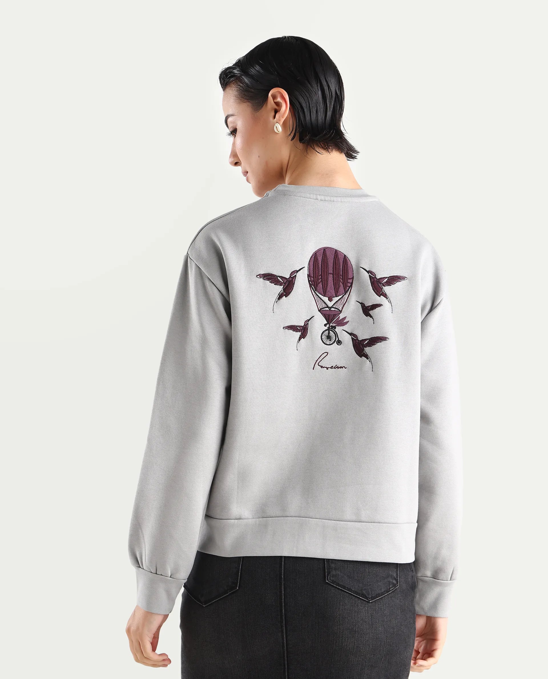 Rareism Women's Taur Grey Cotton Blend Crew Neck Graphic Print Relaxed Fit Sweatshirt