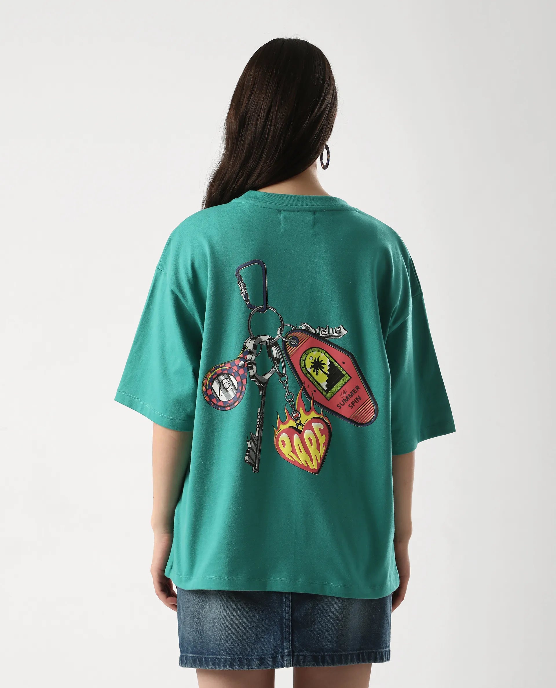 Rareism Women's Tenk Green Cotton Graphic Print Oversized T-Shirt