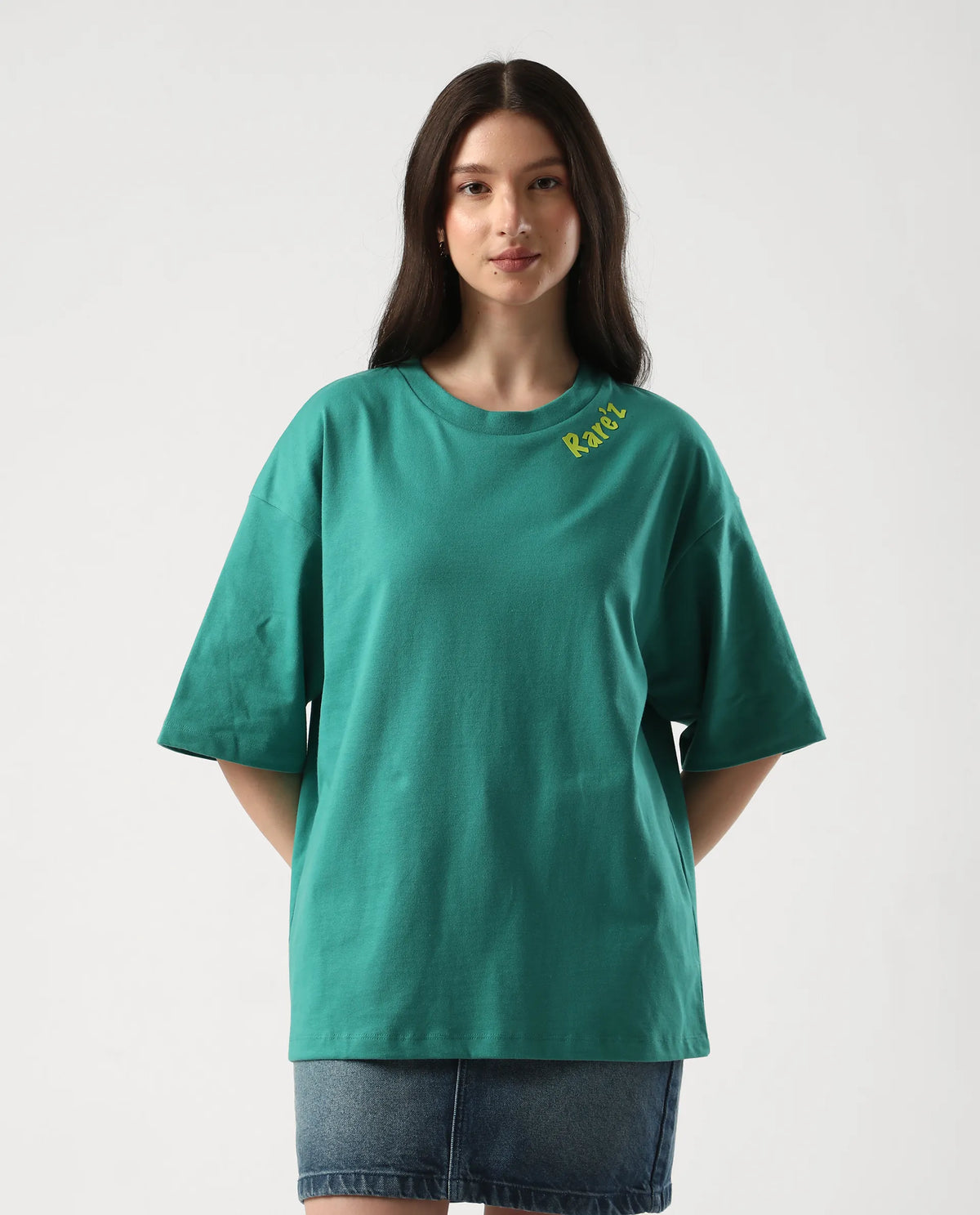Rareism Women's Tenk Green Cotton Graphic Print Oversized T-Shirt