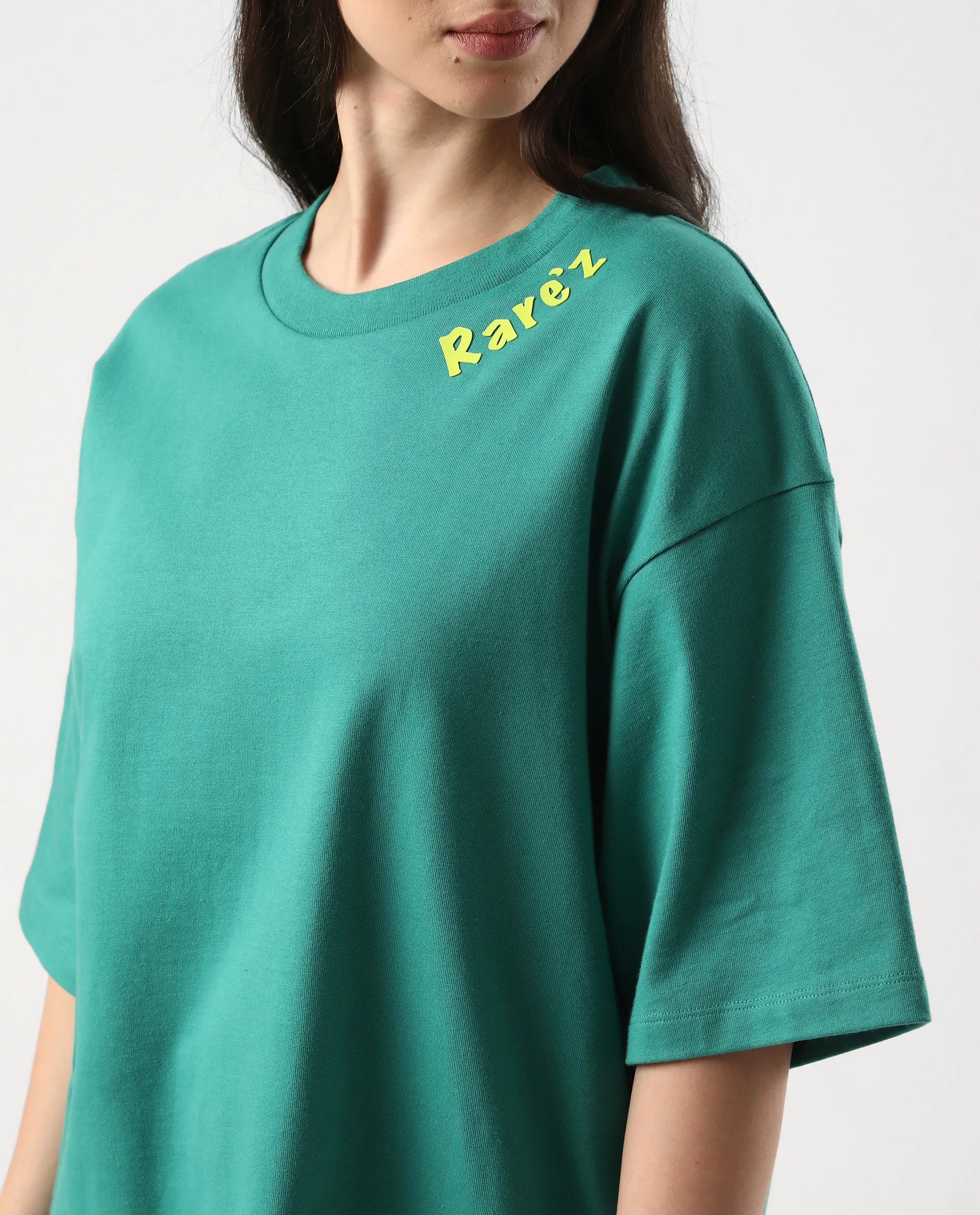 Rareism Women's Tenk Green Cotton Graphic Print Oversized T-Shirt