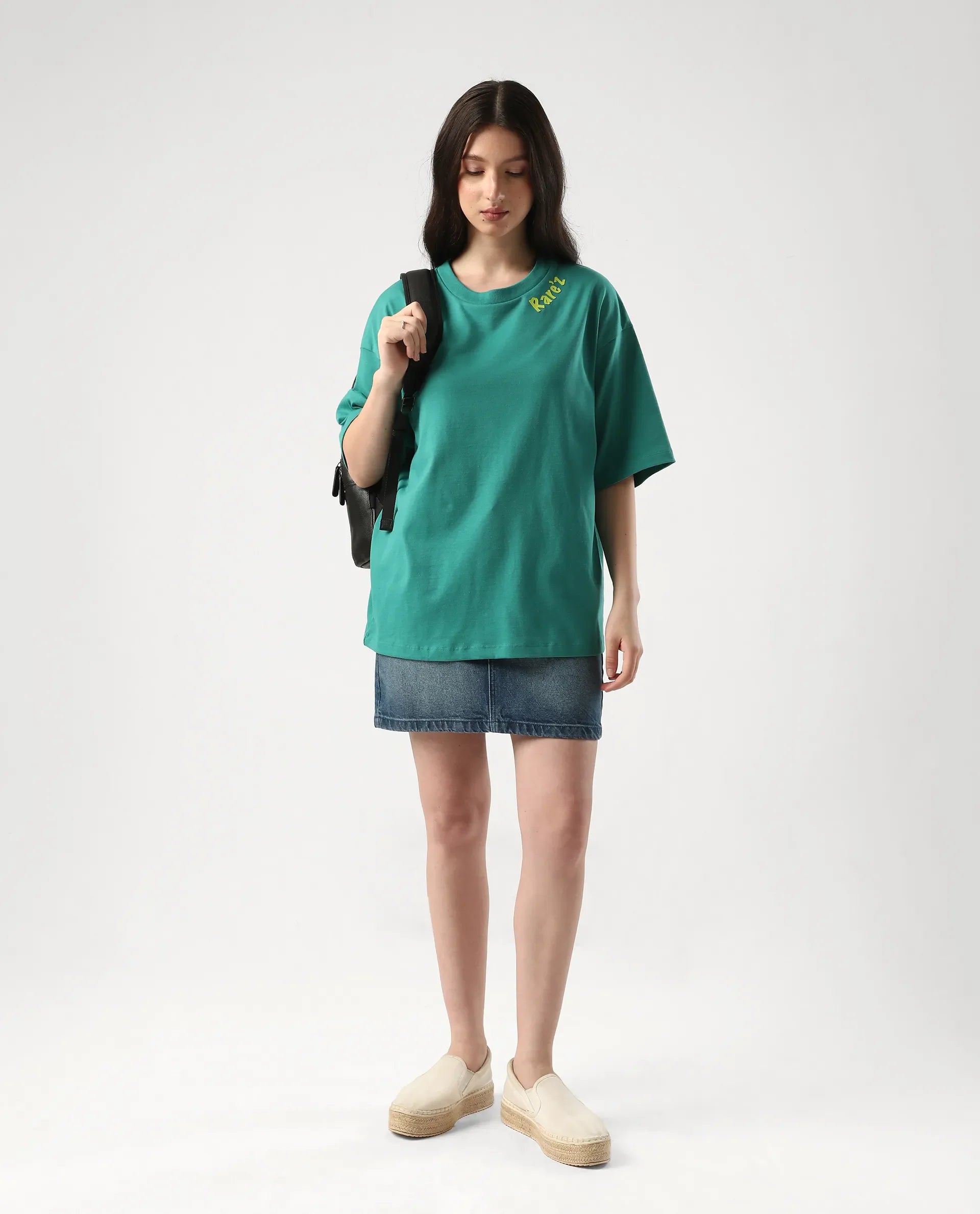 Rareism Women's Tenk Green Cotton Graphic Print Oversized T-Shirt