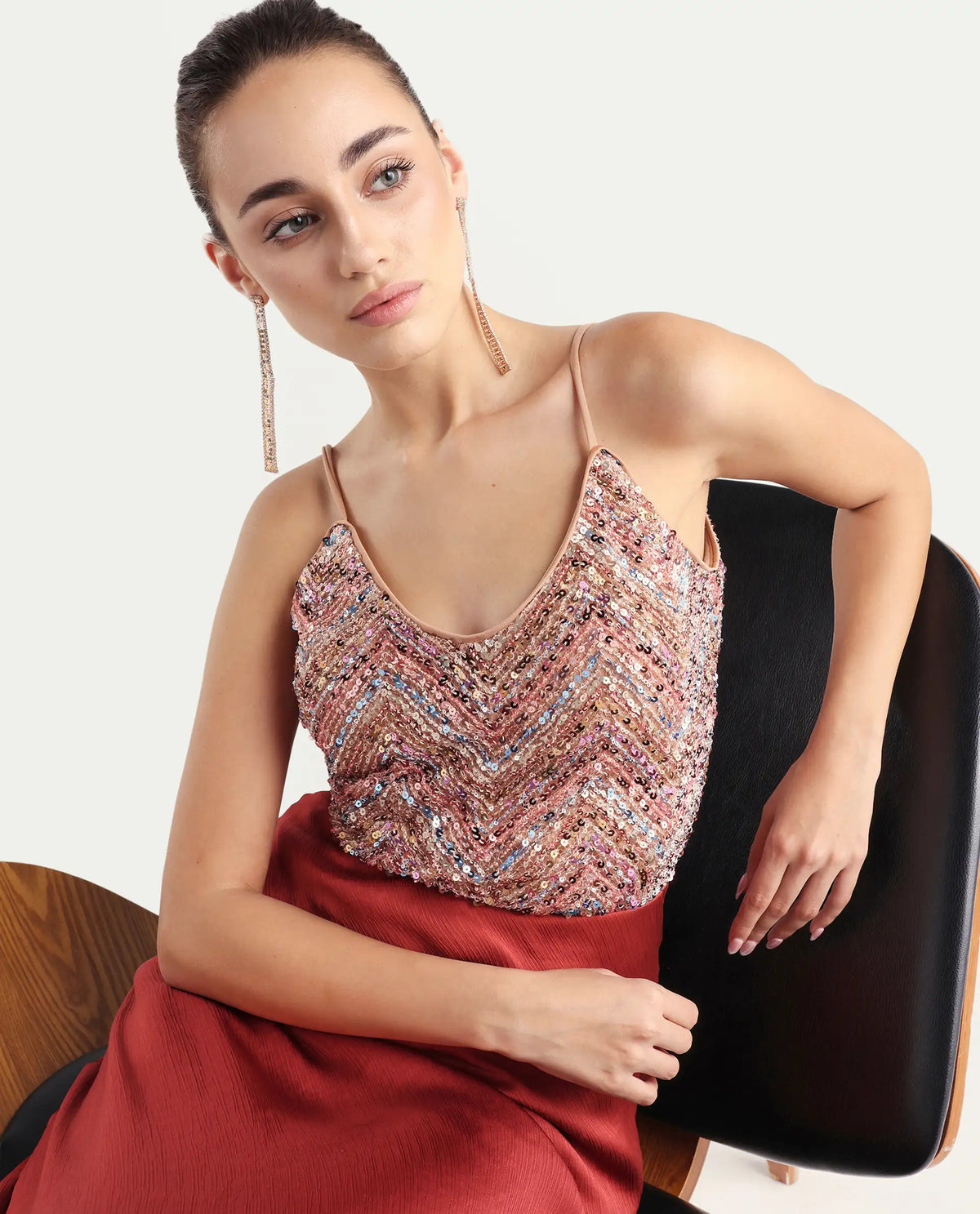 Rareism Women's Tess Sheen Multi Polyester V-Neck Sequined Shoulder Strap Regular Fit Top