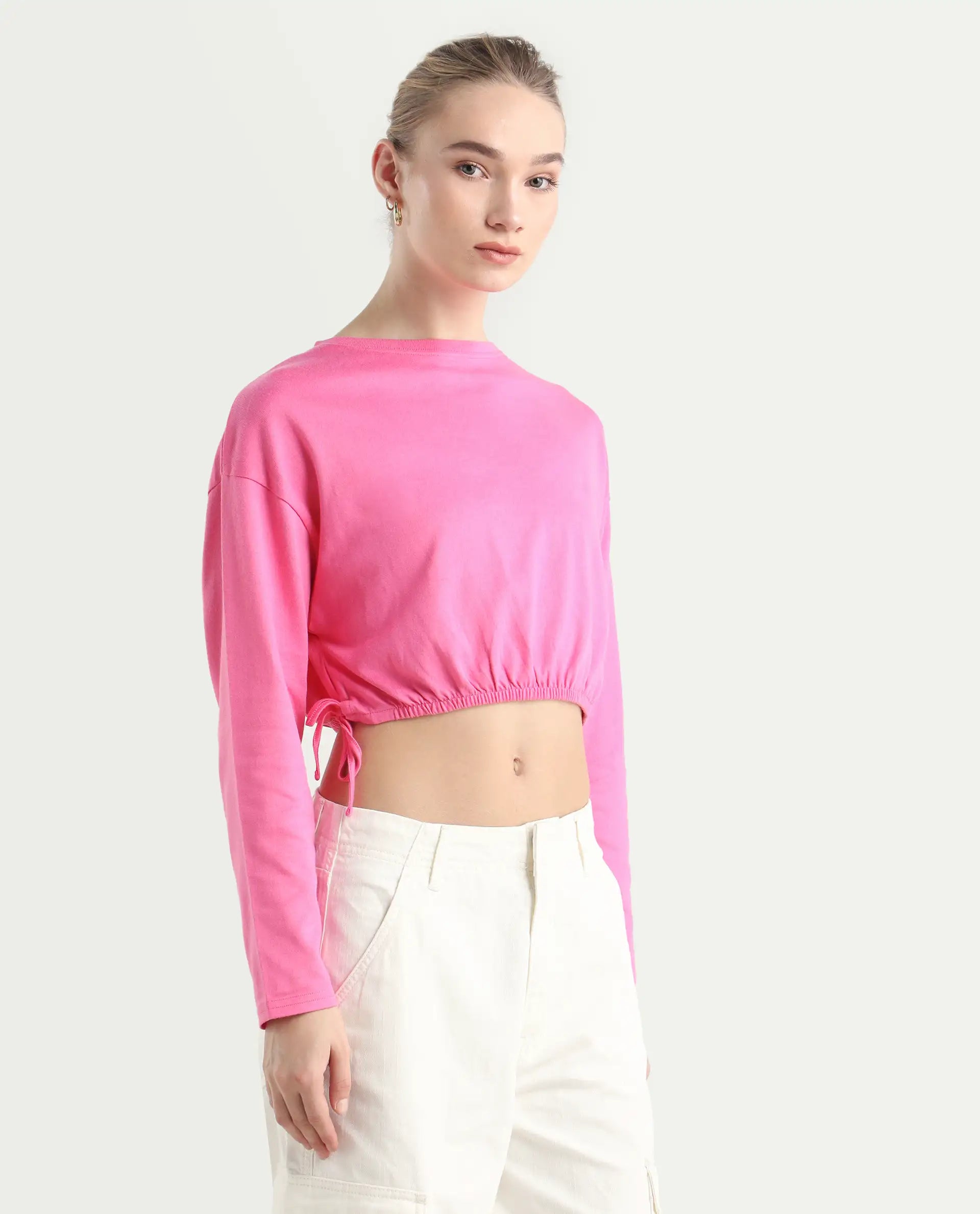 Rareism Women's Thistle Pink Cotton Crew Neck Plain Crop Regular Fit Top