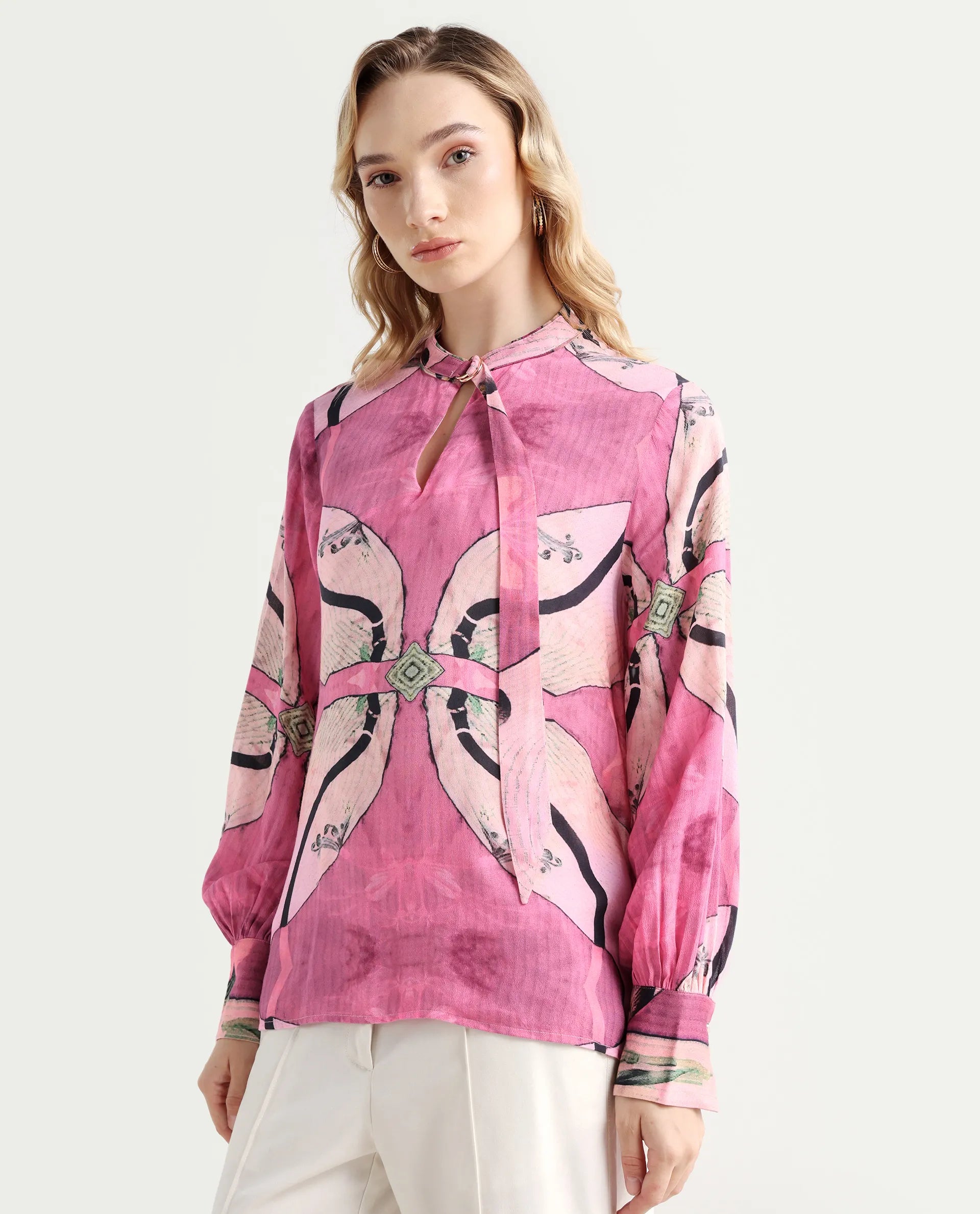 Rareism Women's Timro Light Pink Viscose Blend High Neck Abstract Print Bishop Sleeve Relaxed Fit Top