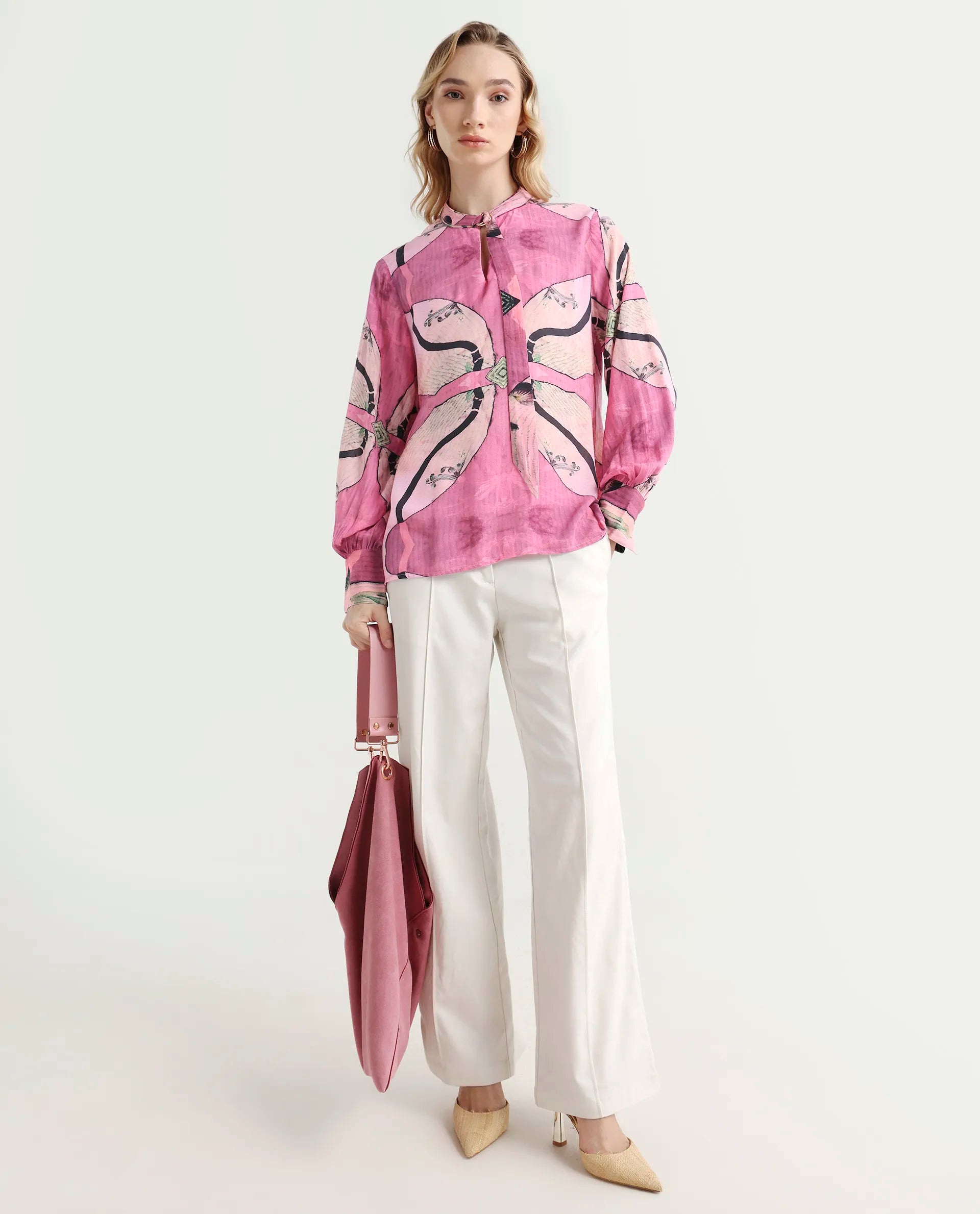 Rareism Women's Timro Light Pink Viscose Blend High Neck Abstract Print Bishop Sleeve Relaxed Fit Top