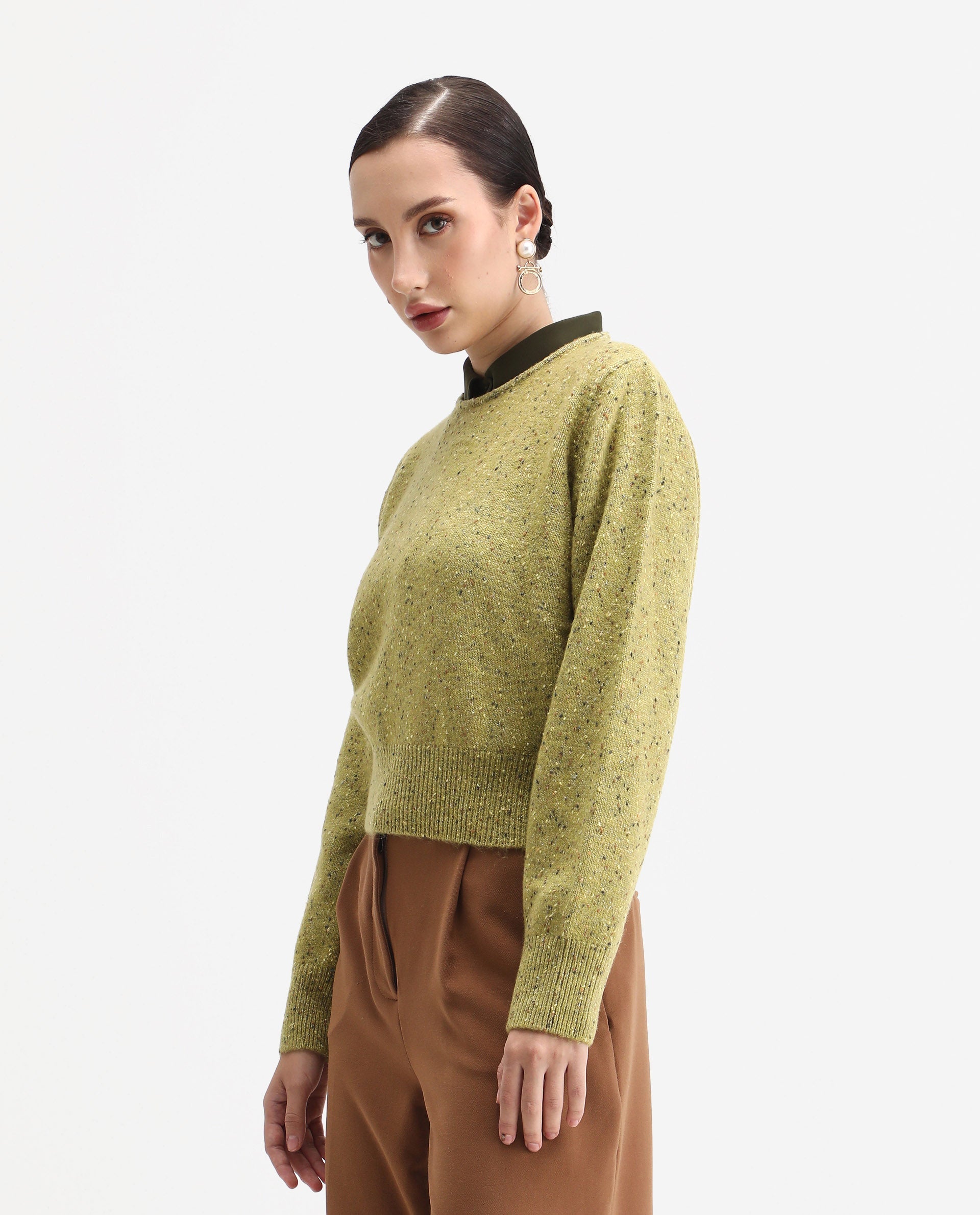 Rareism Women's Tinoa Light Olive Acrylic Blend Crew Neck Relaxed Fit Sweater