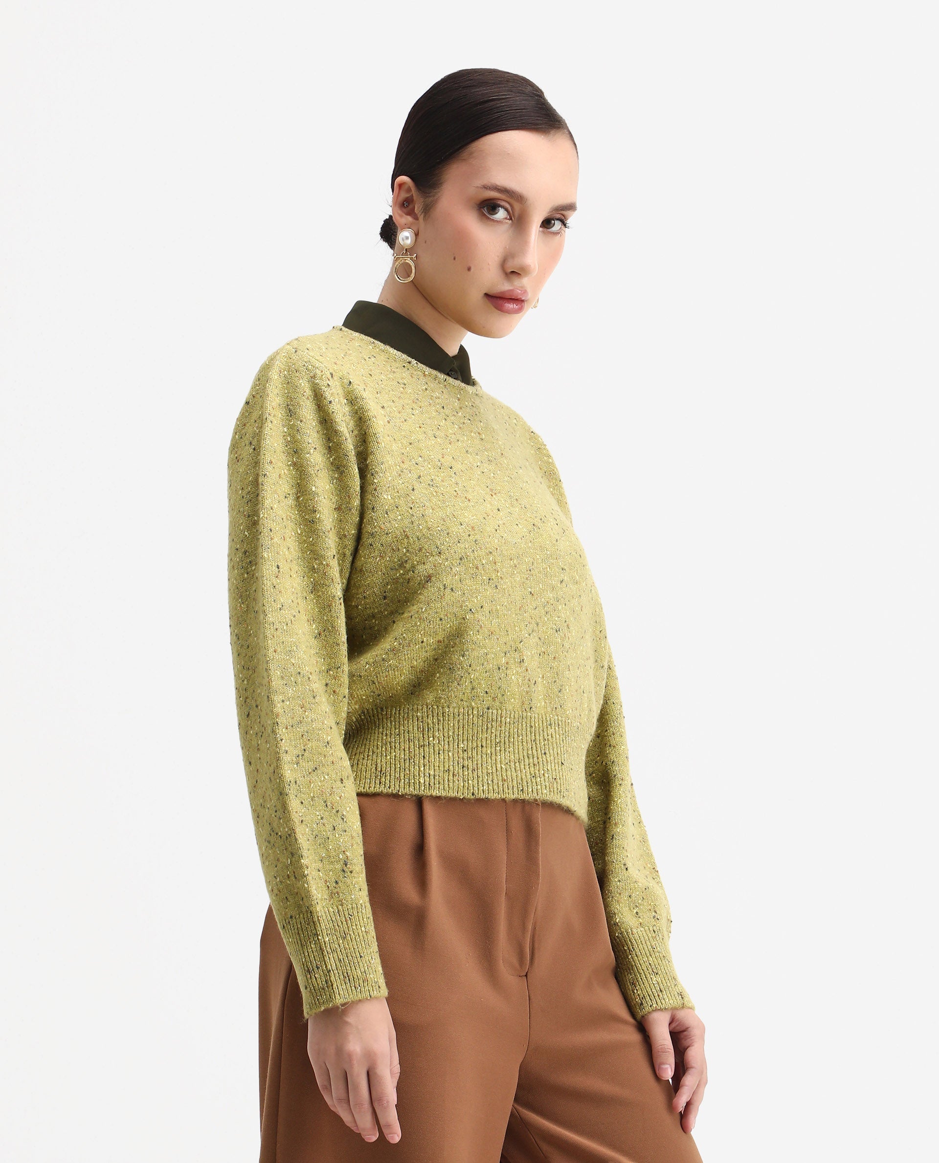 Rareism Women's Tinoa Light Olive Acrylic Blend Crew Neck Relaxed Fit Sweater