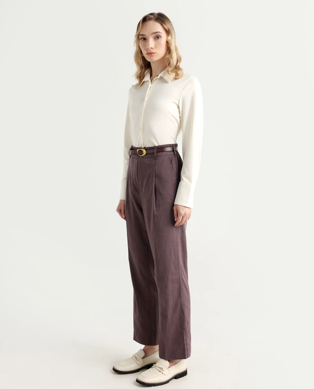 Rareism Women's Tiza Brown Polyester Blend Plain Ankle Length Straight Fit Trouser