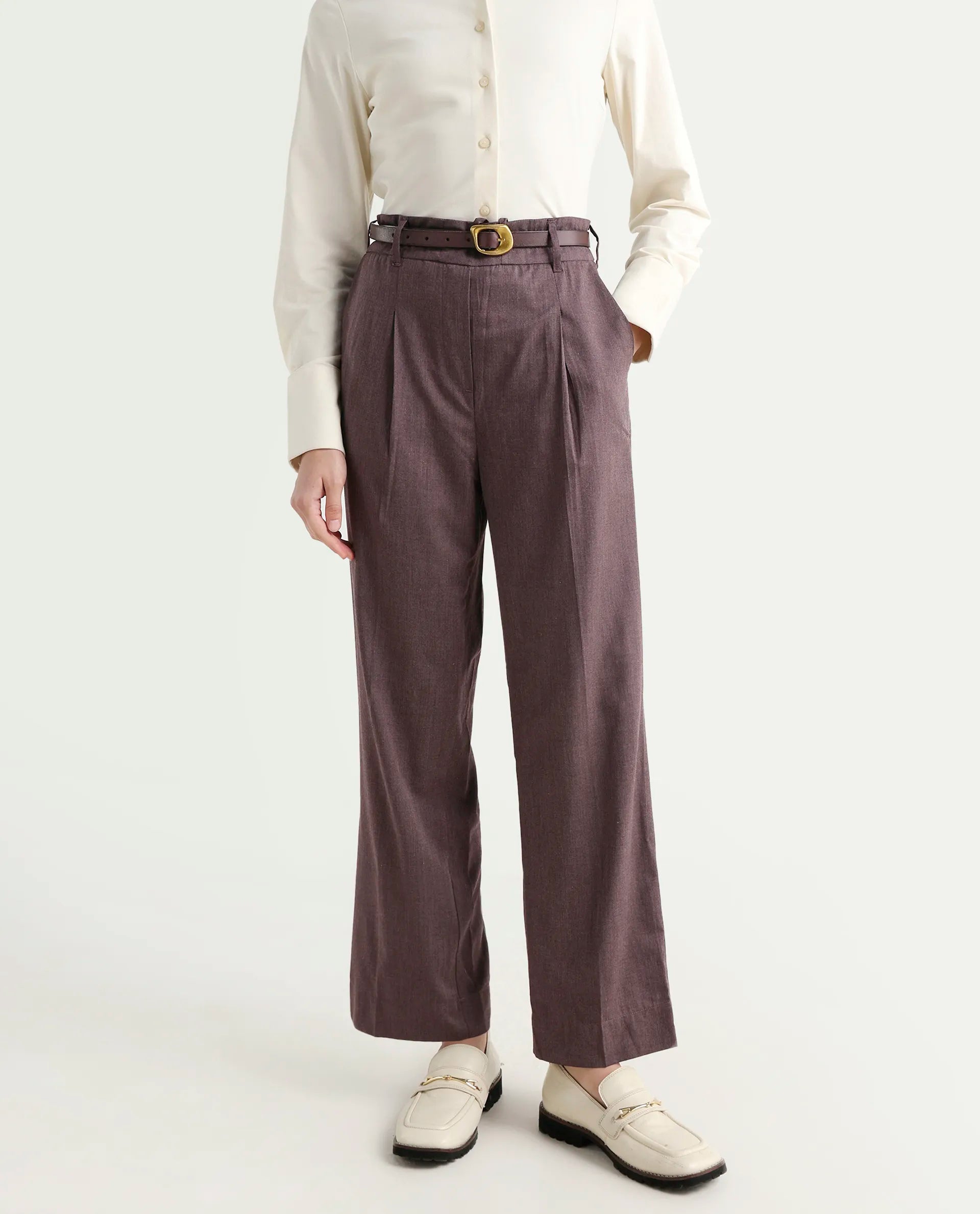 Rareism Women's Tiza Brown Polyester Blend Plain Ankle Length Straight Fit Trouser