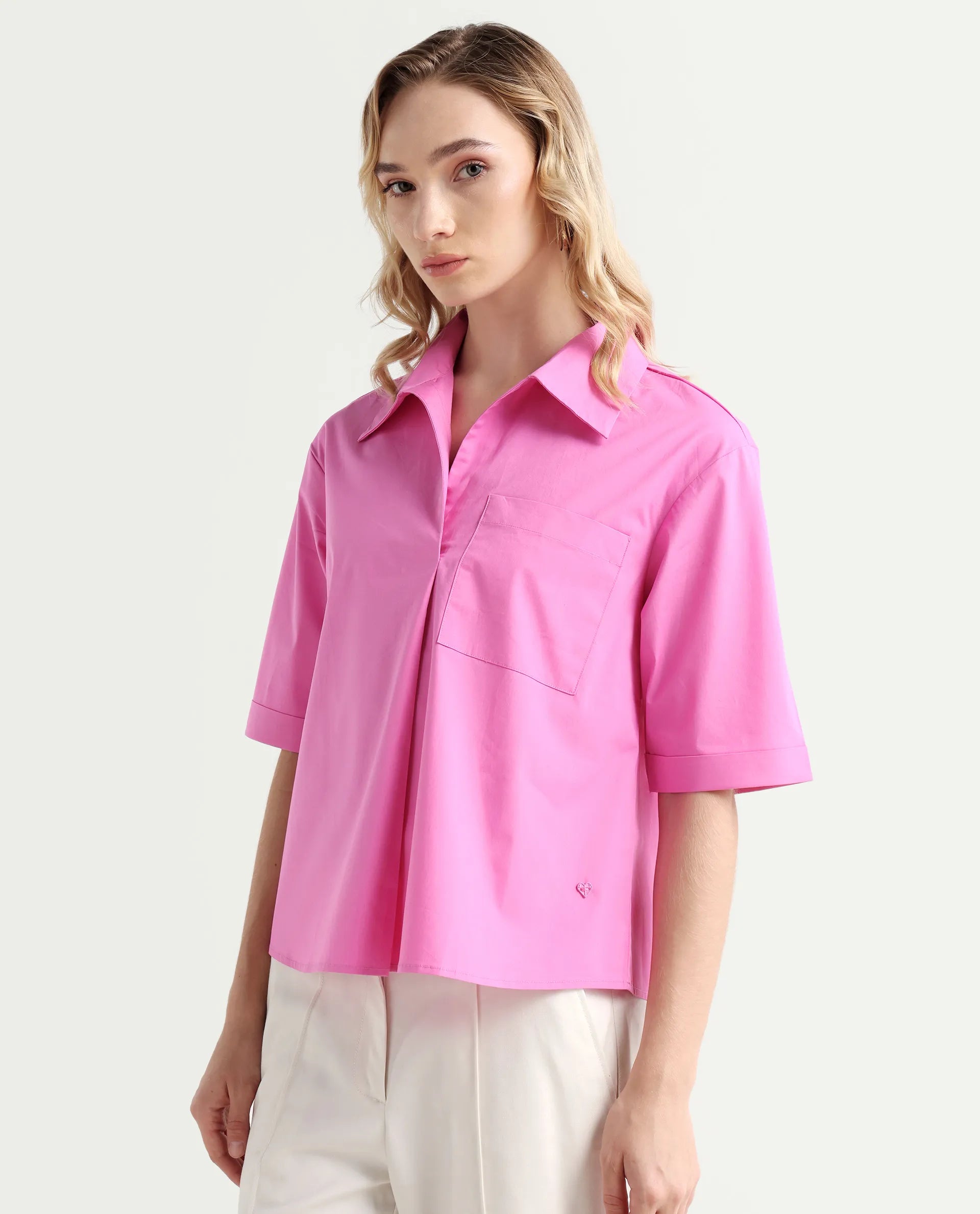 Rareism Women's Toefil Pastel Pink Cotton Spread Collar Plain Regular Fit Shirt