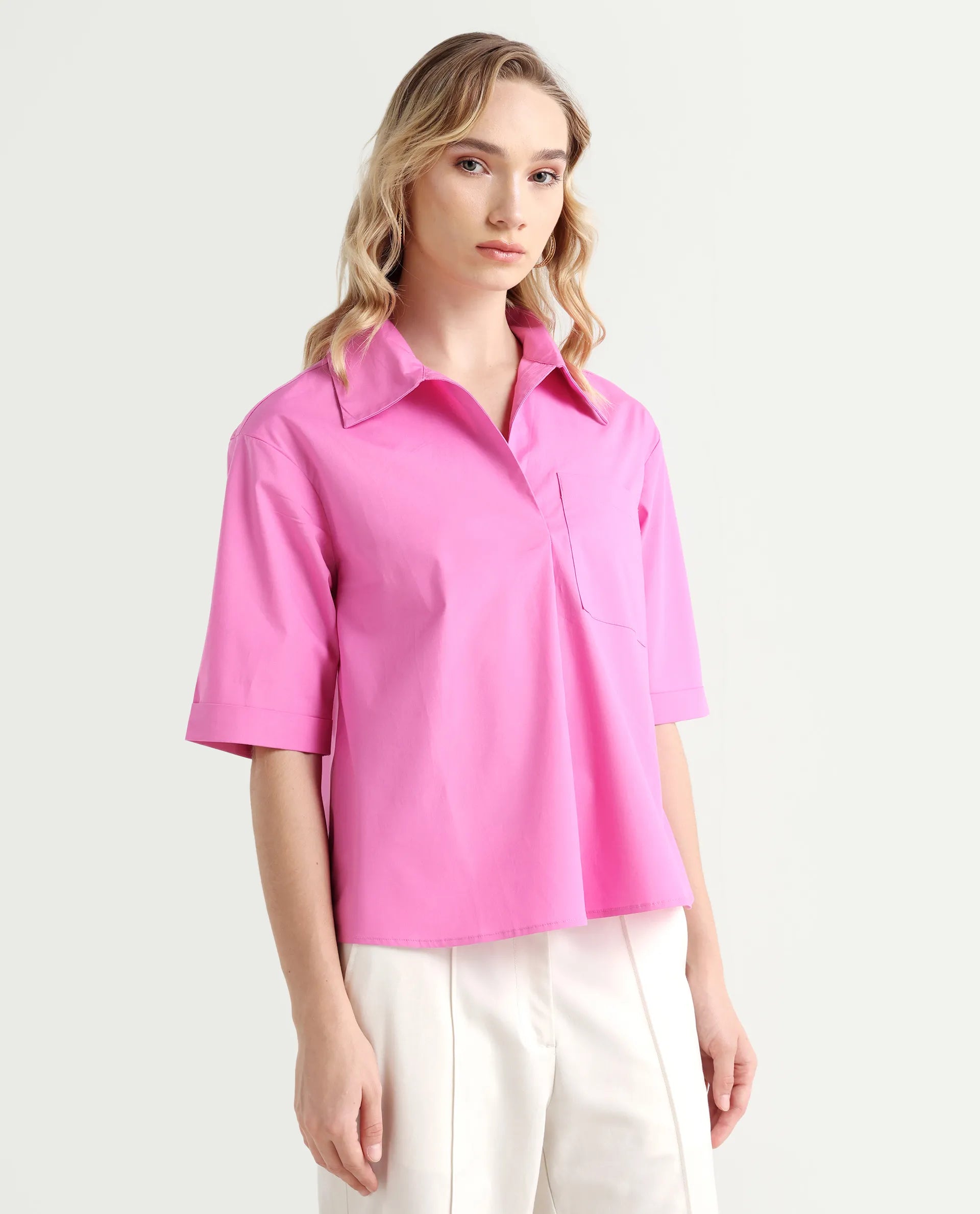Rareism Women's Toefil Pastel Pink Cotton Spread Collar Plain Regular Fit Shirt
