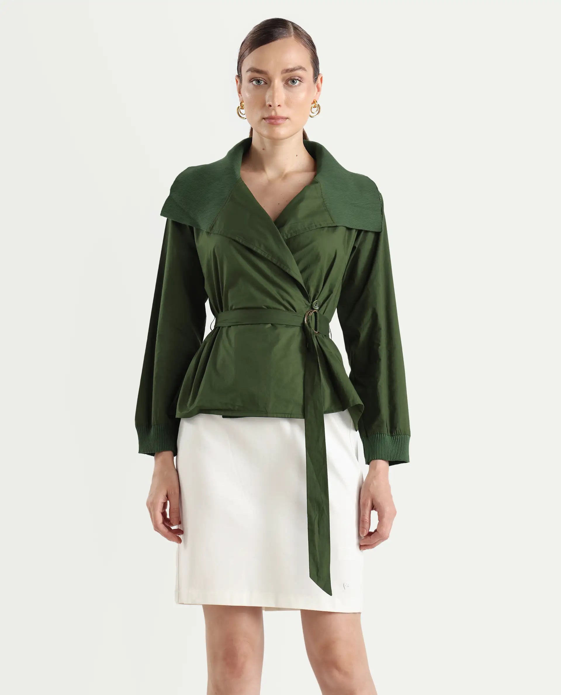 Rareism Women's Tokat Olive Cotton Ribbed Collar Plain Ribbed Sleeve Boxy Fit Jacket