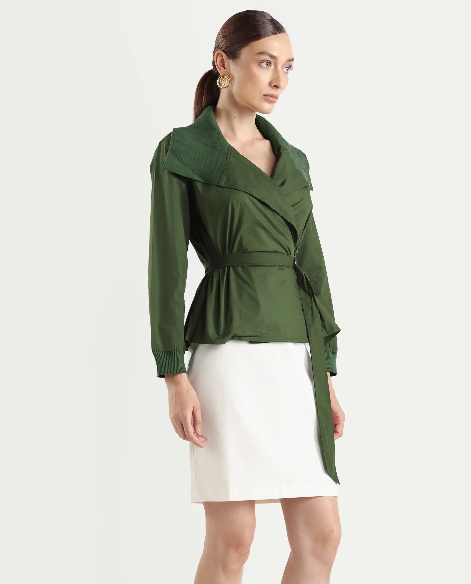 Rareism Women's Tokat Olive Cotton Ribbed Collar Plain Ribbed Sleeve Boxy Fit Jacket