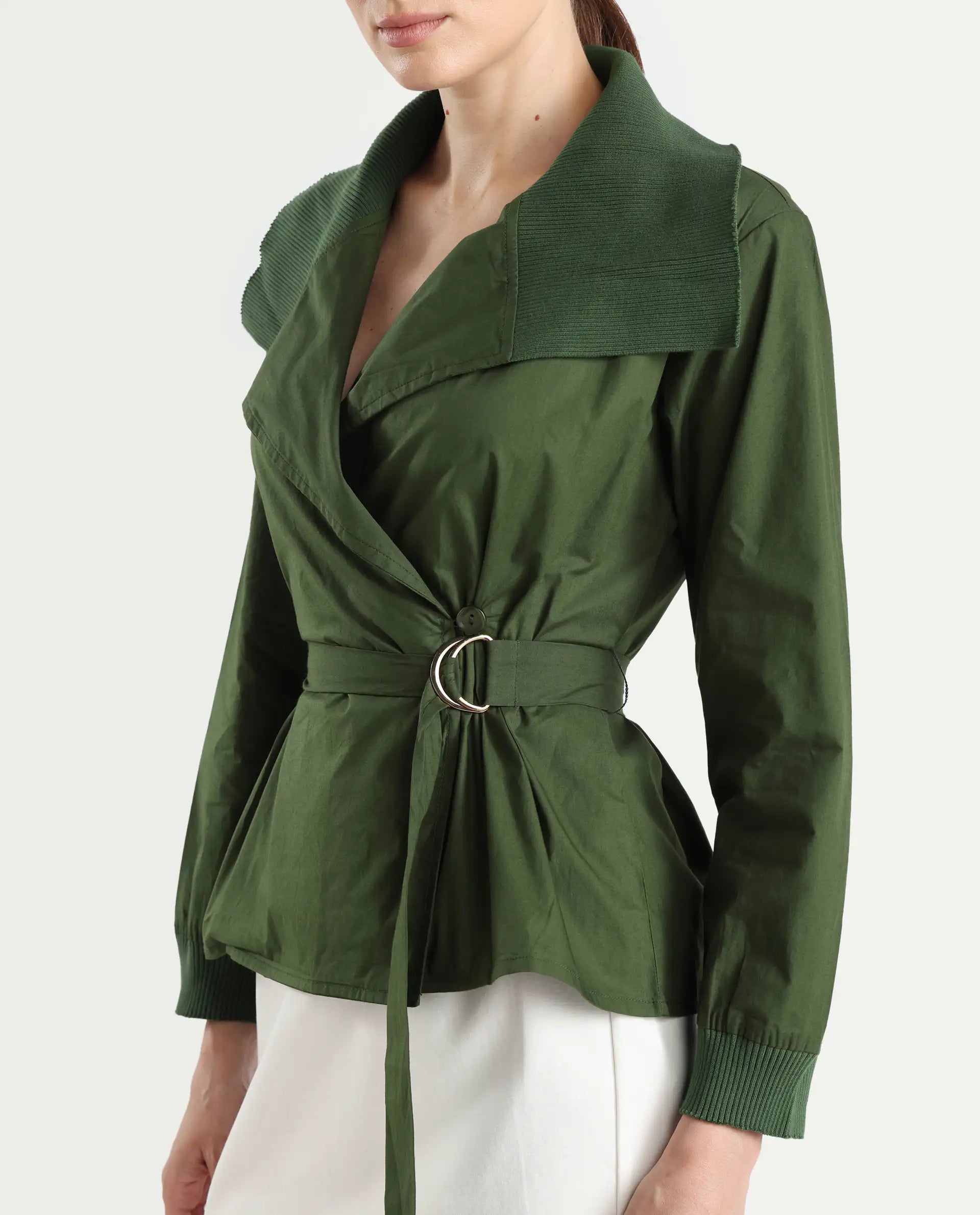 Rareism Women's Tokat Olive Cotton Ribbed Collar Plain Ribbed Sleeve Boxy Fit Jacket