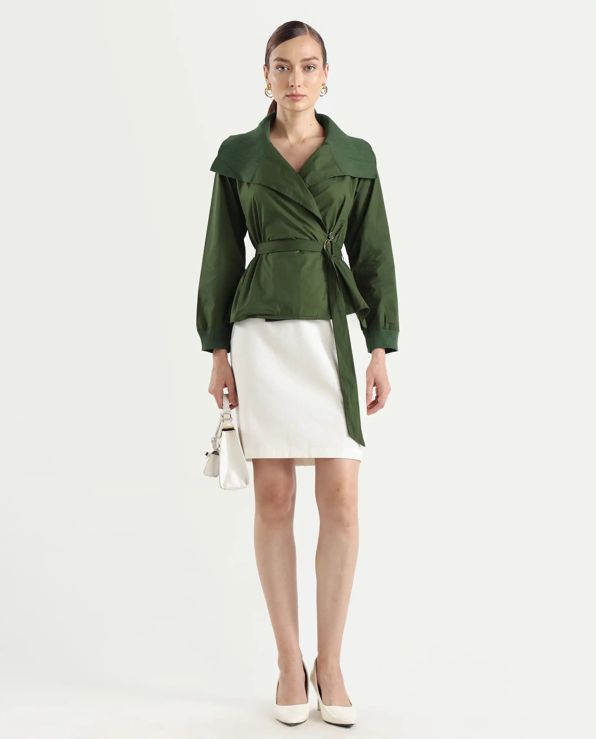 Rareism Women's Tokat Olive Cotton Ribbed Collar Plain Ribbed Sleeve Boxy Fit Jacket