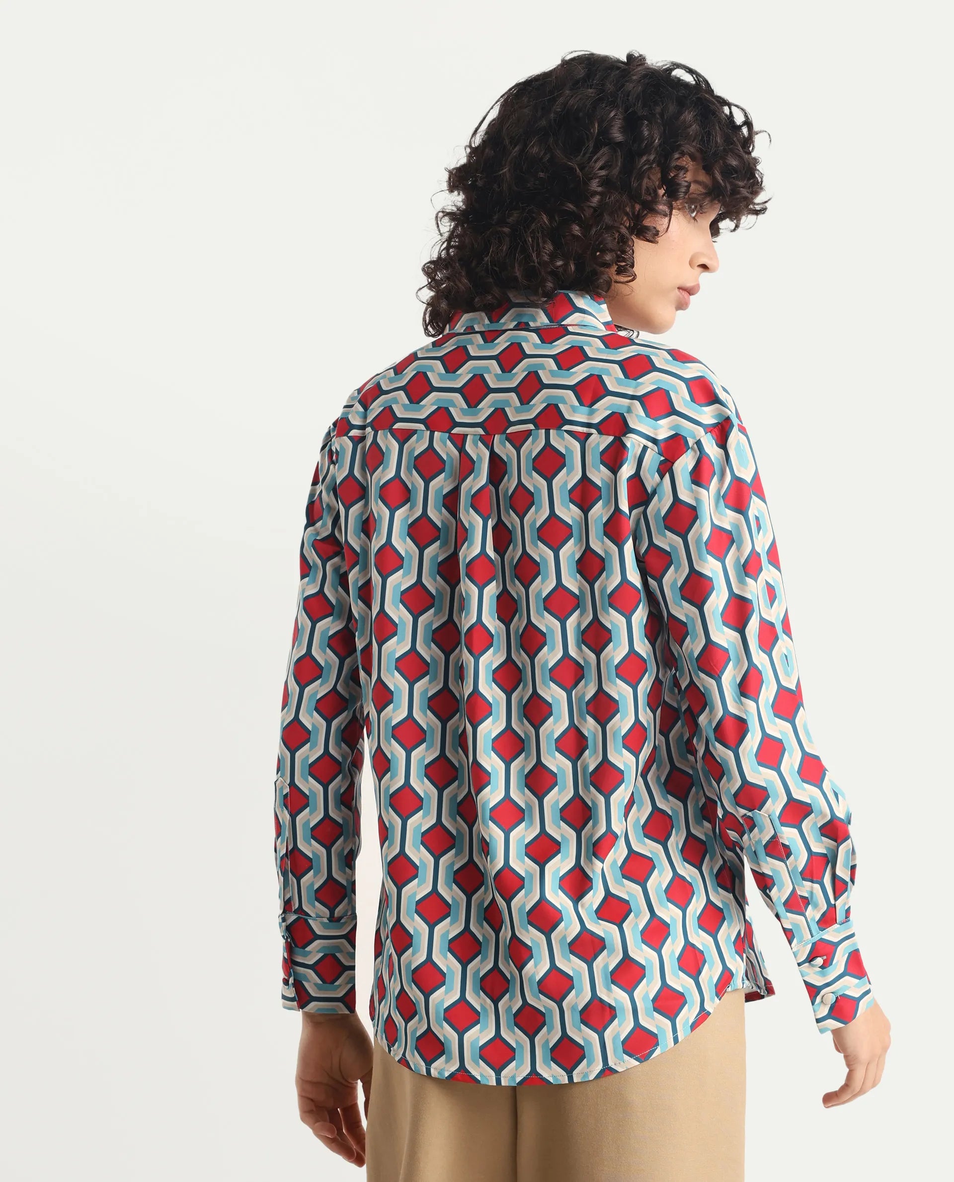 Rareism Women's Tonyhale Multi Satin Spread Collar Geometric Print Cuffed Sleeve Regular Fit Top