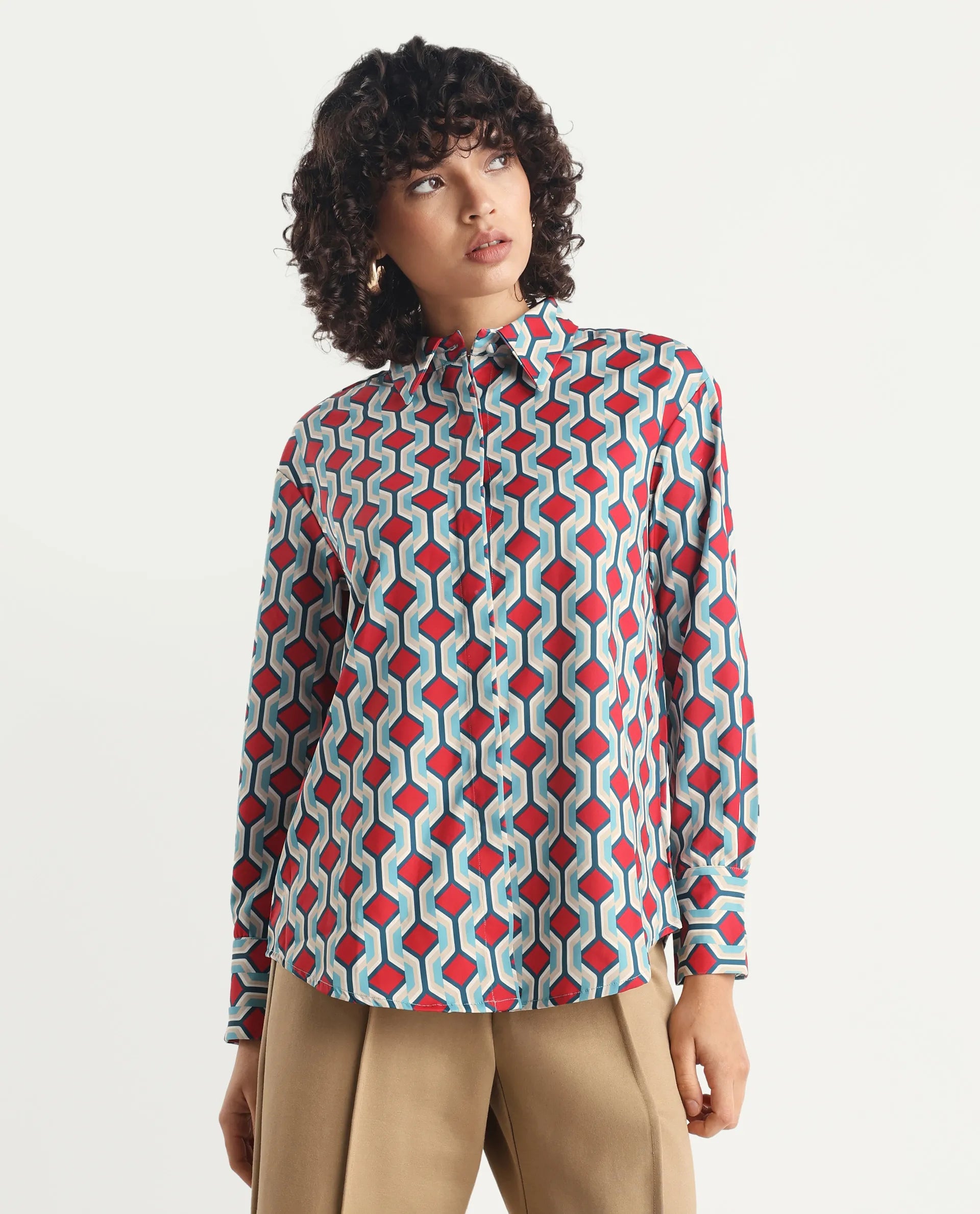 Rareism Women's Tonyhale Multi Satin Spread Collar Geometric Print Cuffed Sleeve Regular Fit Top