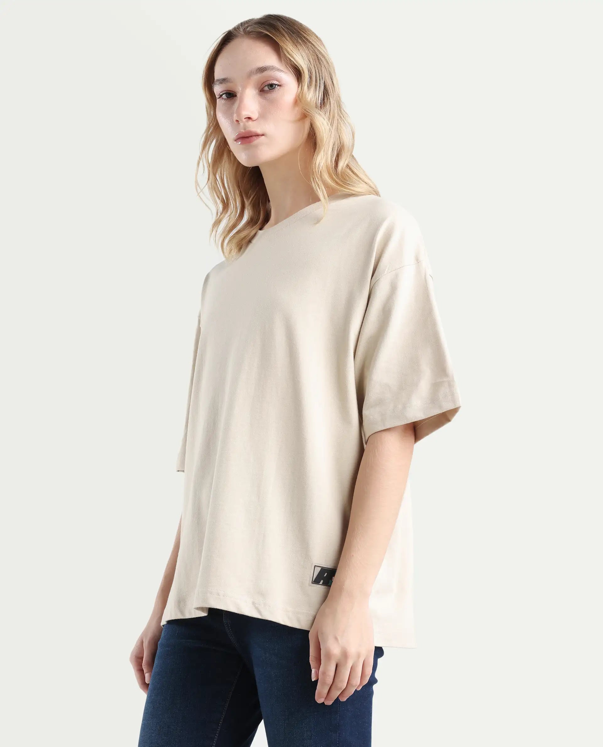 Rareism Women's Trebel Beige Cotton Graphic Print Oversized T-Shirt