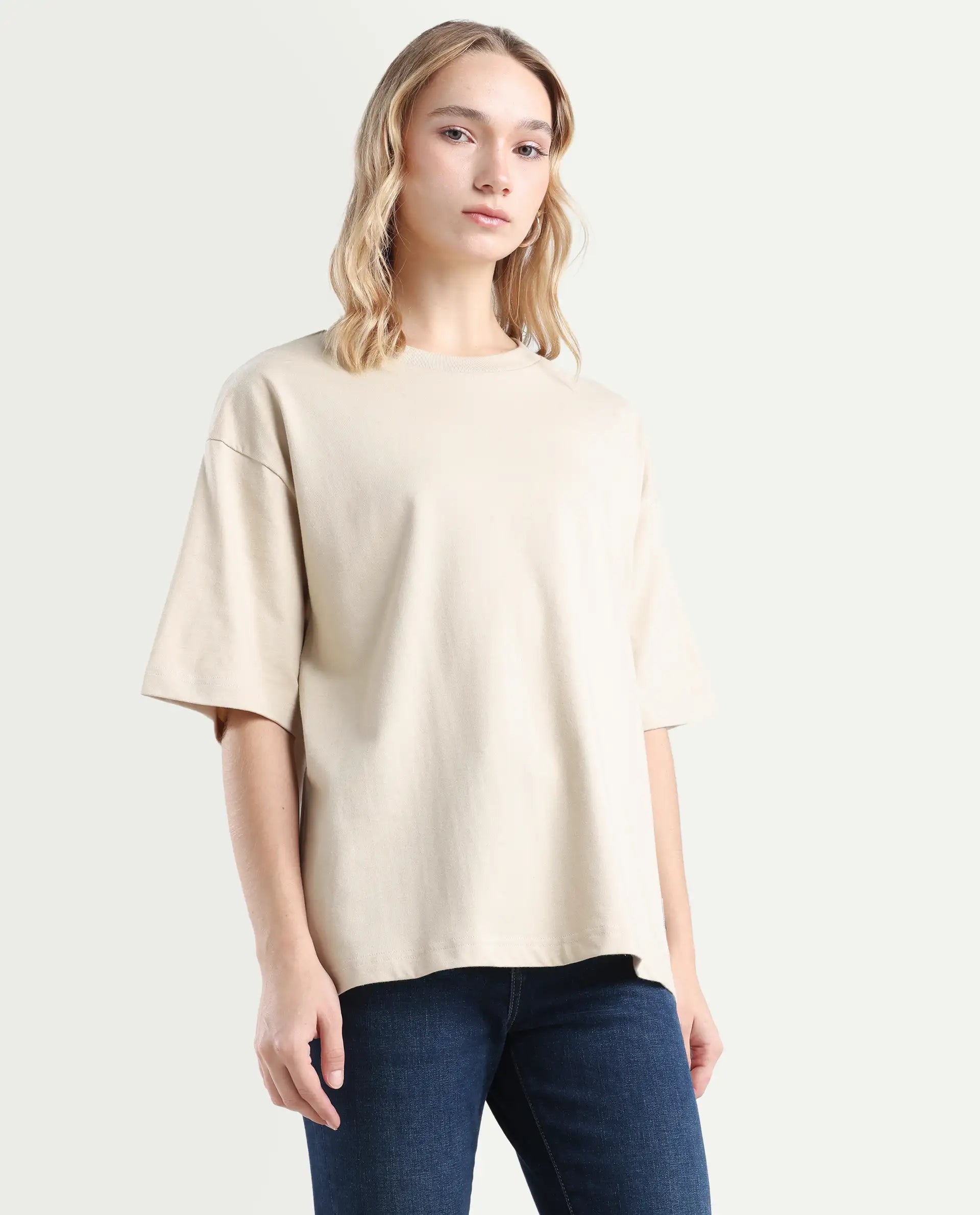 Rareism Women's Trebel Beige Cotton Graphic Print Oversized T-Shirt