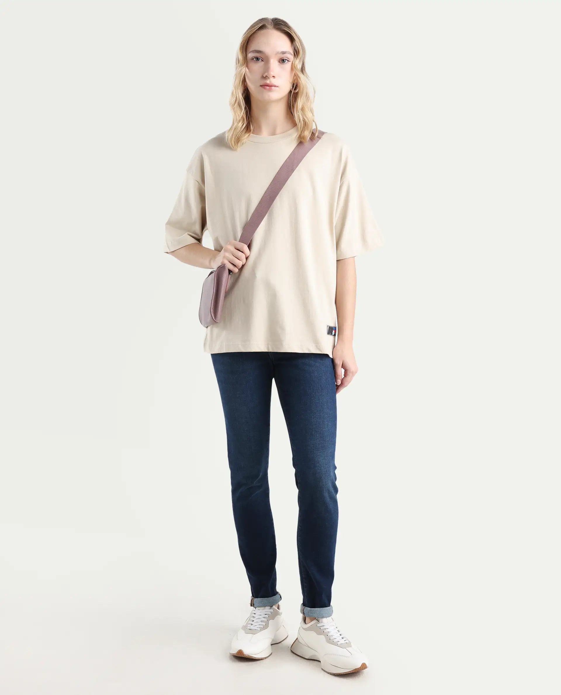 Rareism Women's Trebel Beige Cotton Graphic Print Oversized T-Shirt