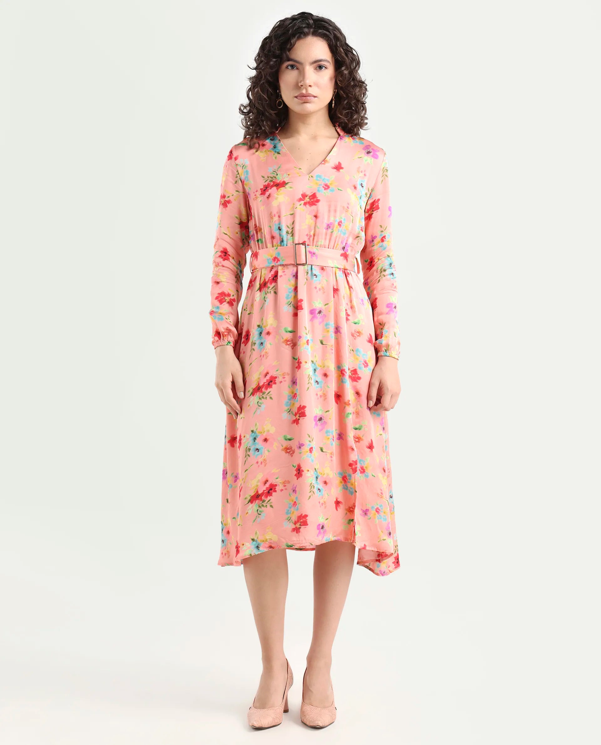 Rareism Women's Tuna Peach Viscose Blend V-Neck Floral Print Knee Length Regular Fit Dress