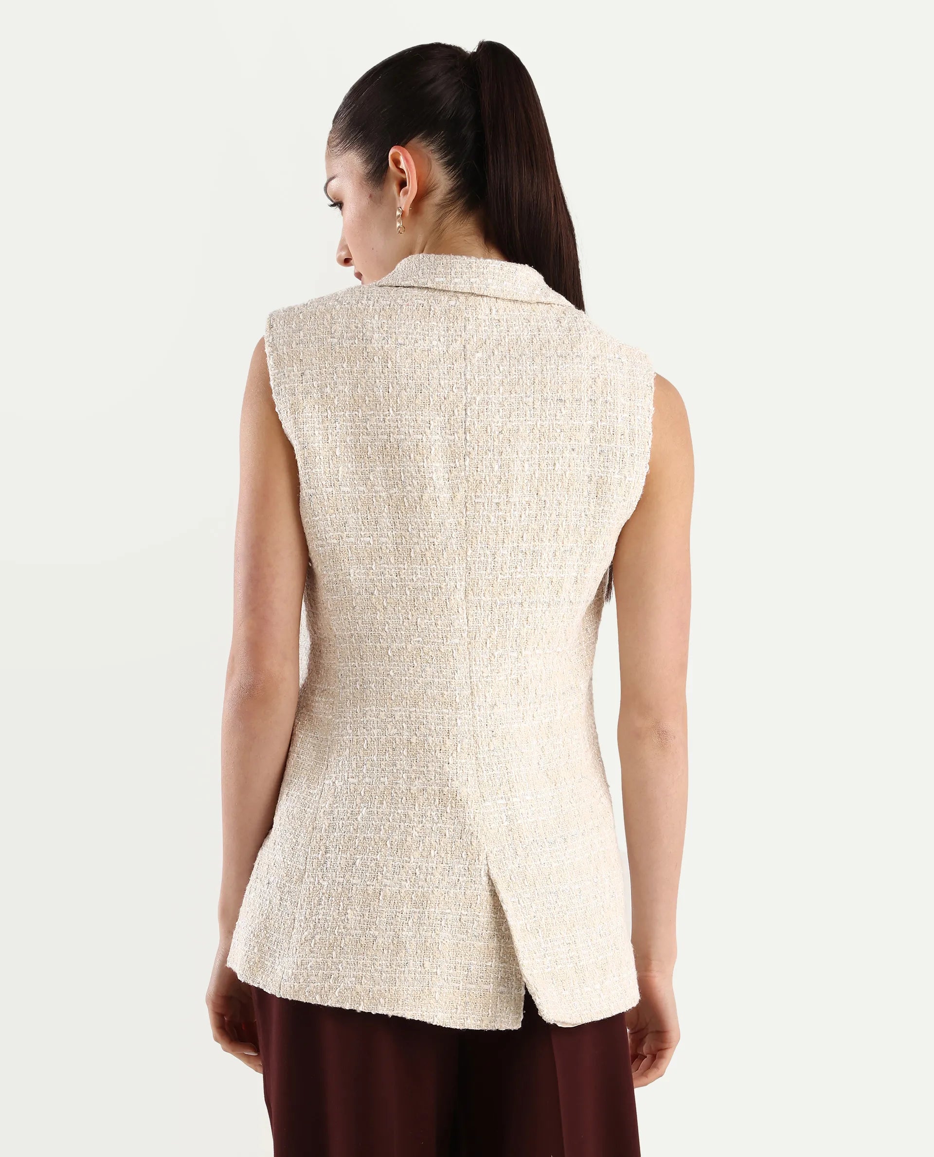 Rareism Women's Vadzai Beige Polyester Blend Lapel Neck Plain Sleeveless Mini Fitted Waist Coat